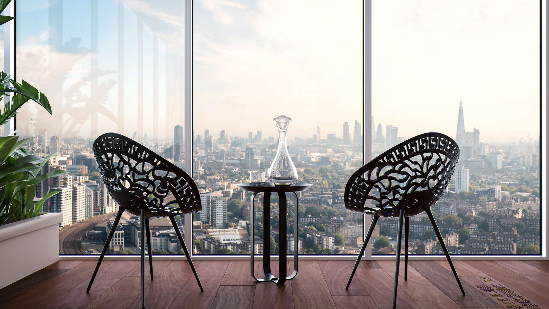 Modern living room with city skyline view in Aykon Nine Elms, London apartment