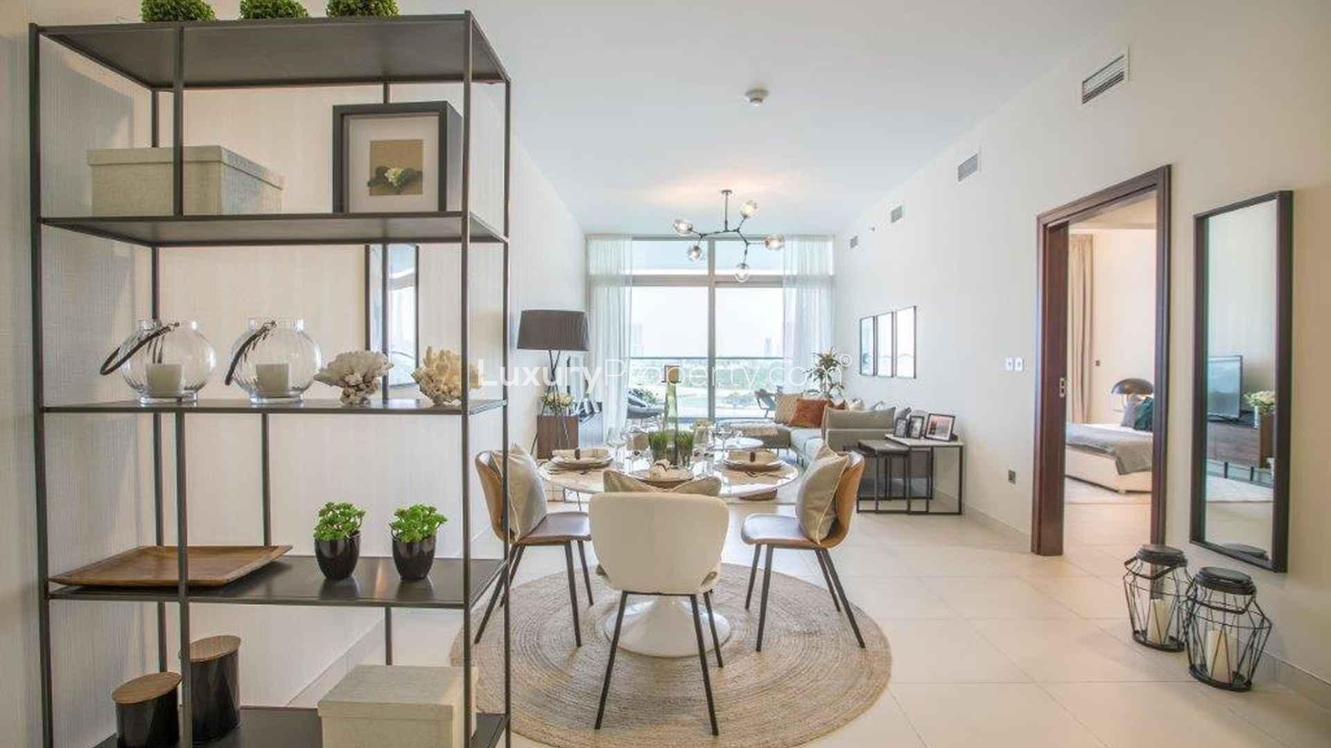 Chic open-plan living and dining area in Azure Residences apartment, Palm Jumeirah