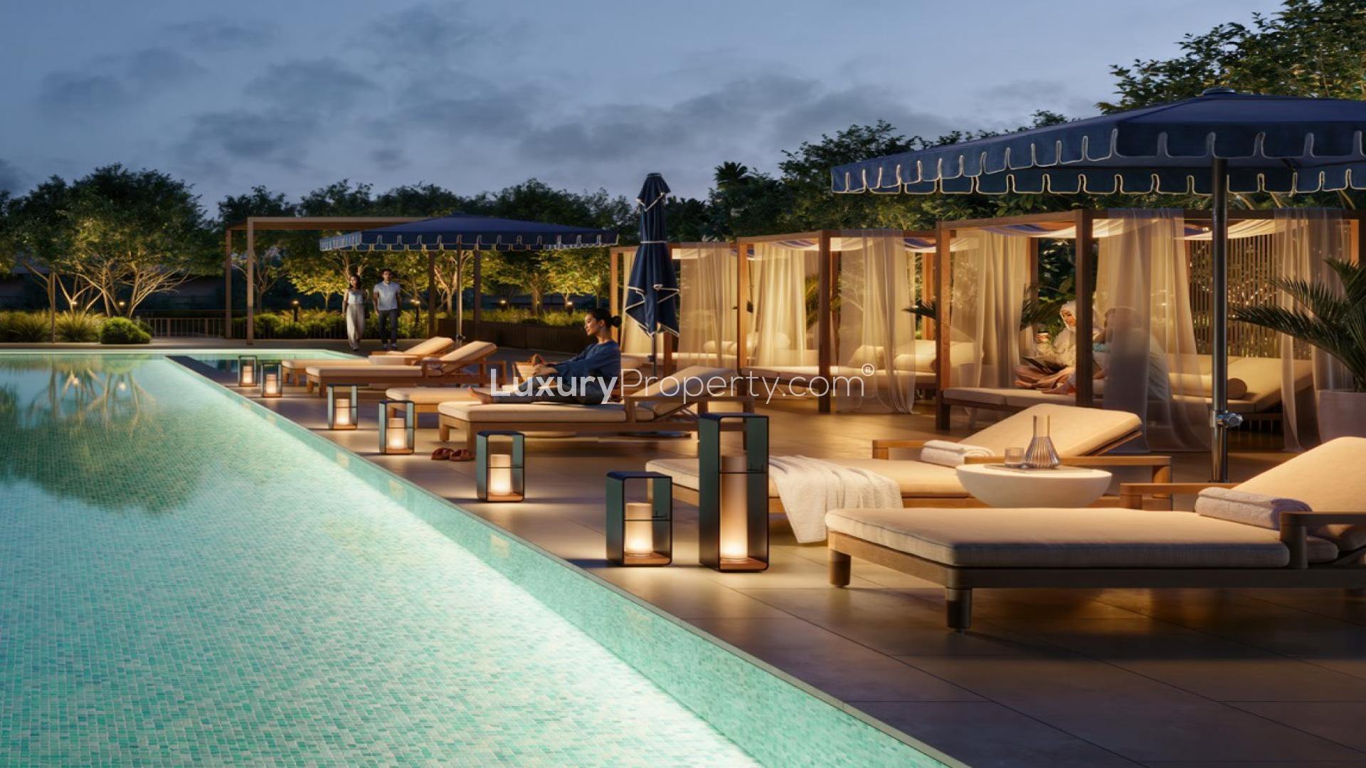 Balcony view from Palace Residences Creek Blue apartment in Dubai Creek Harbour at sunset