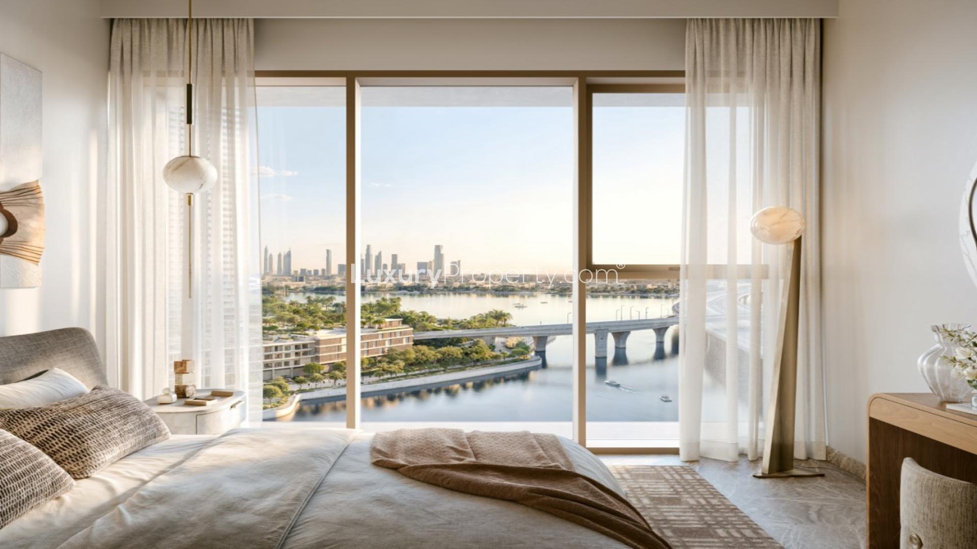 Luxurious living room with city skyline view, Palace Residences Creek Blue, Dubai Creek Harbour