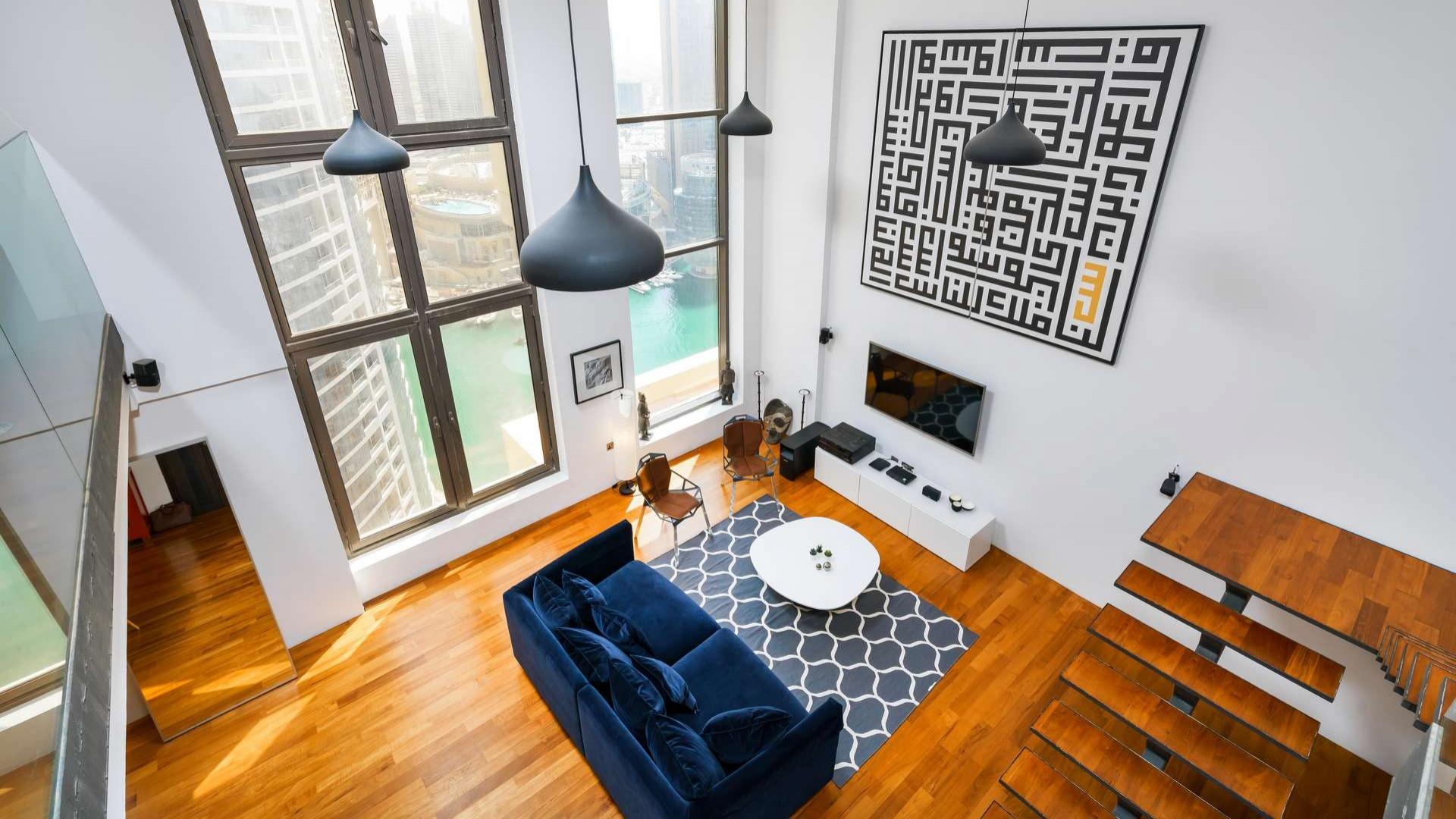 Elegant 1-bedroom loft living room with modern decor in Bahar 6, Jumeirah Beach Residence