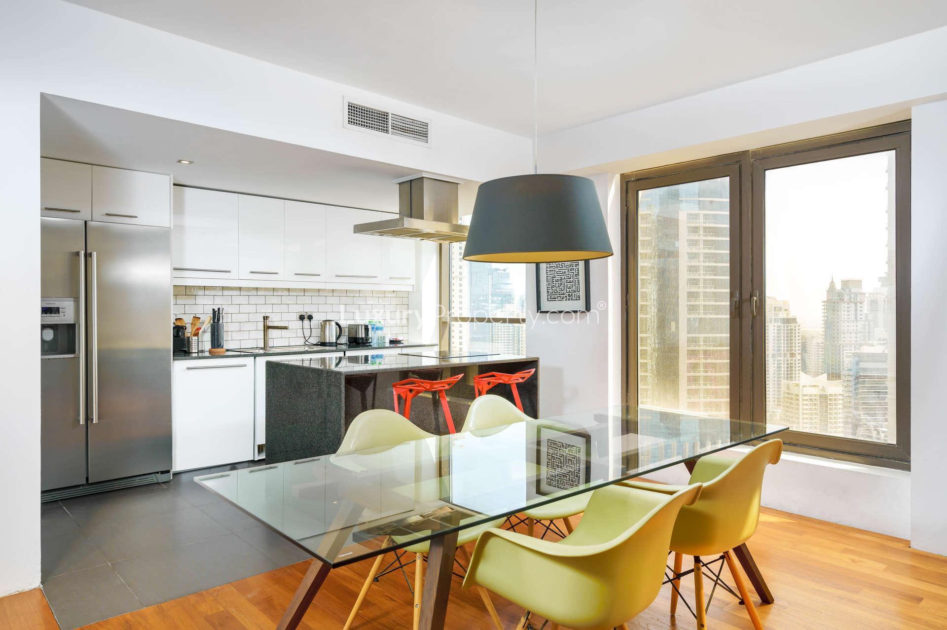 Elegant loft apartment living room with large windows, modern decor in Bahar 6, JBR