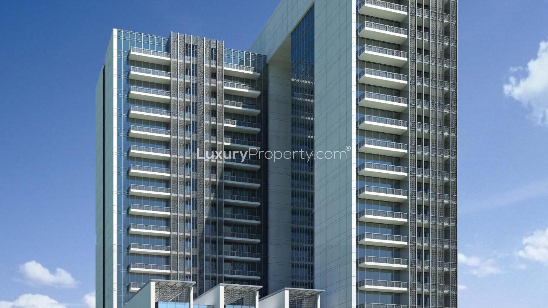 Mid-floor apartment bedroom in Burj Pacific, Business Bay, featuring modern decor and large window