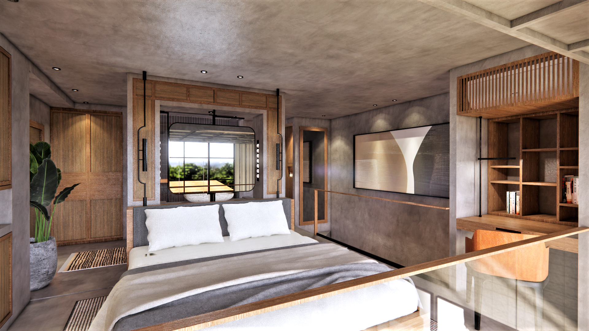 Furnished 1-bedroom loft apartment interior in Bali's Secana Beach Town, luxury decor