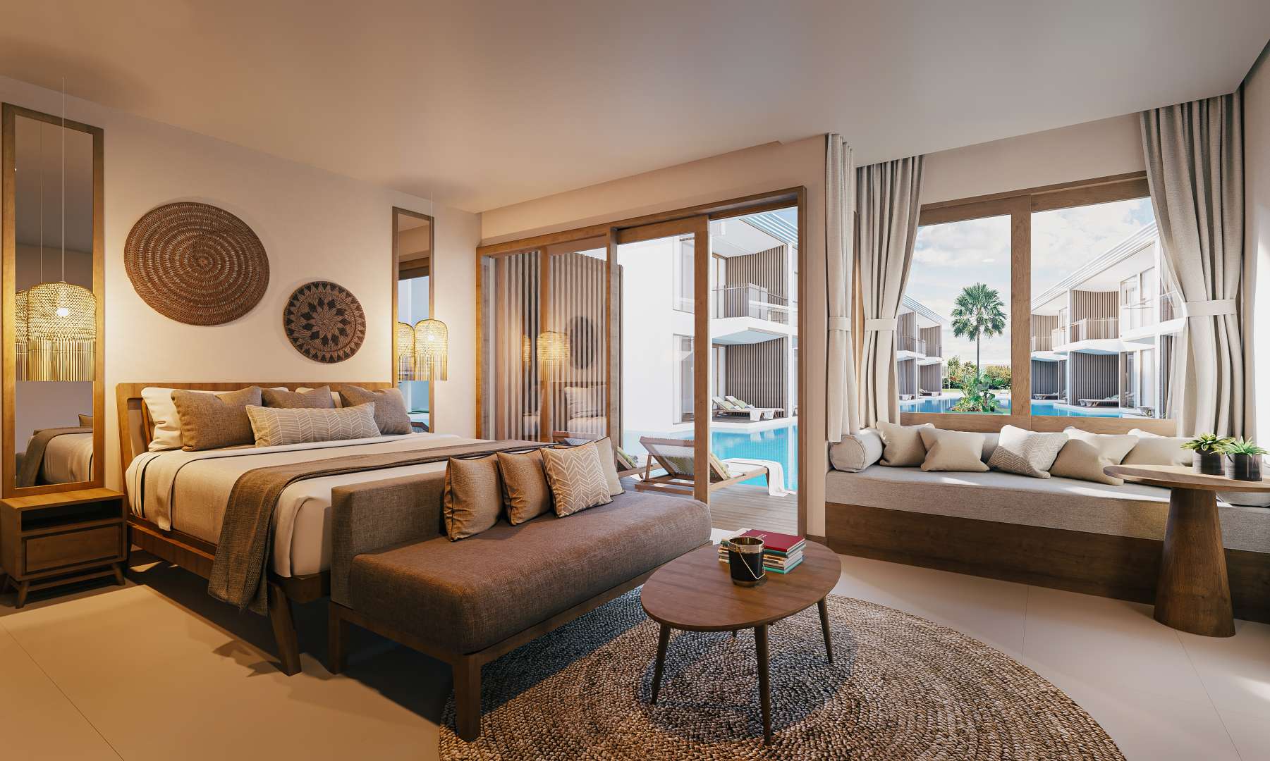 1-Bedroom Lagoon Suite balcony with sun loungers at Cocana Resort, Bali