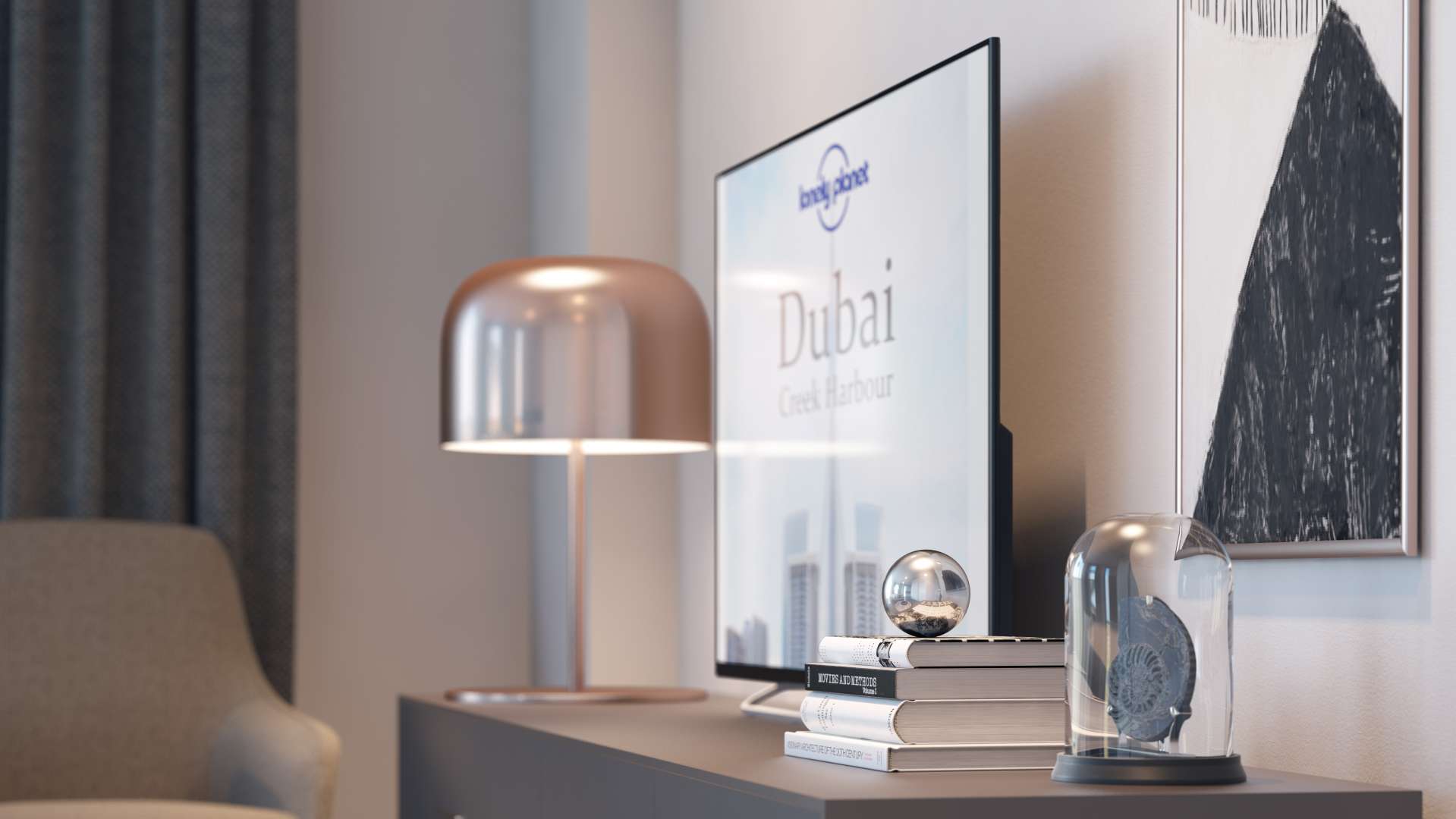 Luxurious living room in one-bed apartment, Bayshore, Dubai Creek Harbour, featuring modern decor