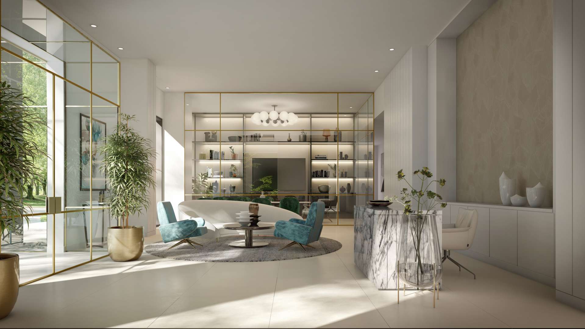 Luxurious dining area in one-bed apartment, Bayshore, Dubai Creek Harbour, modern decor and chandelier