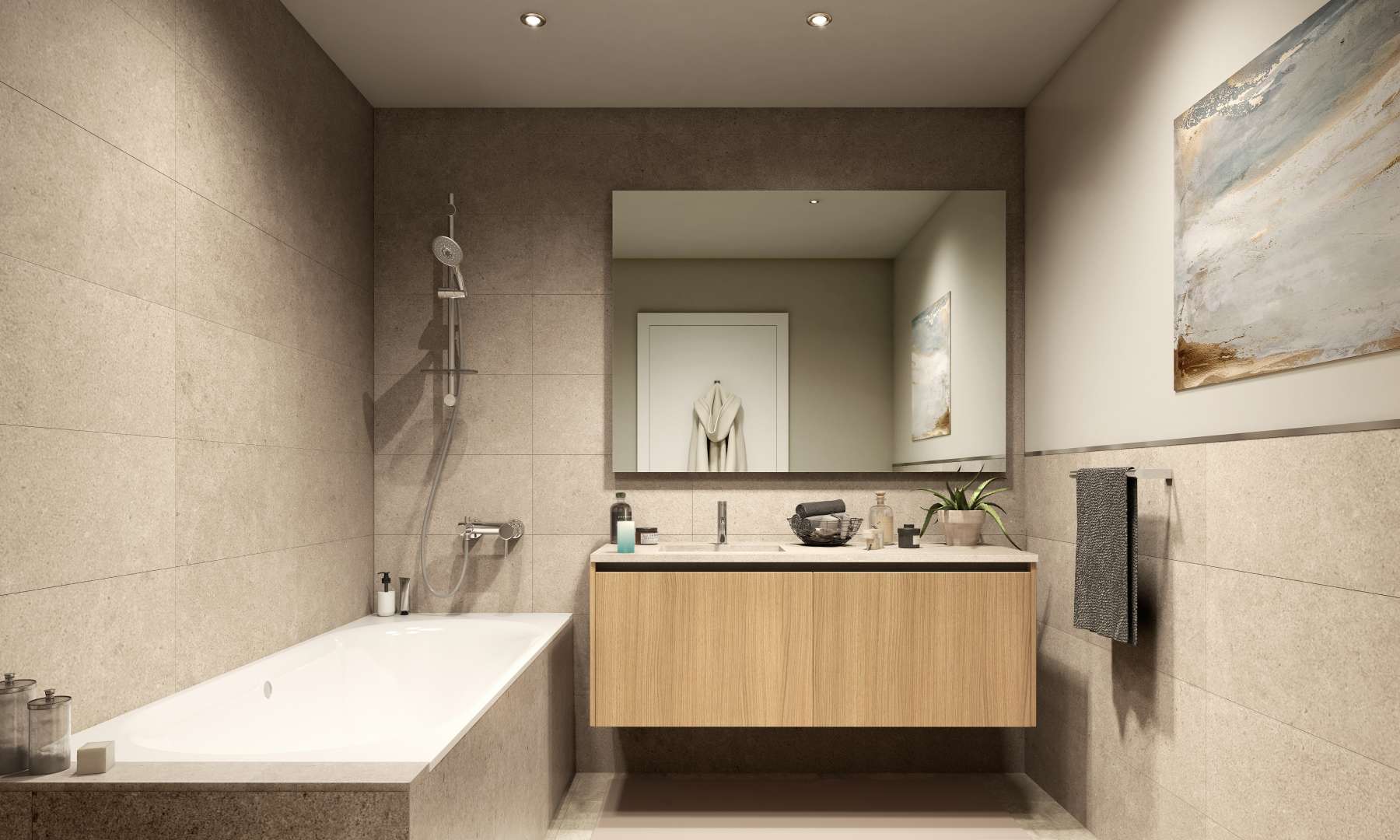 Luxurious modern living room in Bayshore apartment, Dubai Creek Harbour, with stylish furniture and decor