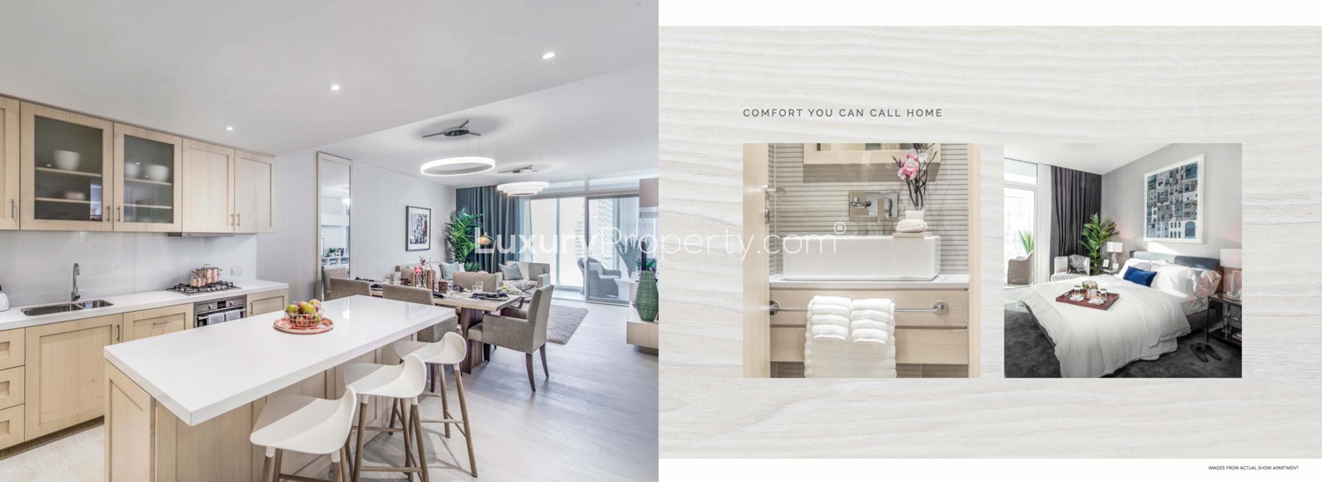 Luxurious Belgravia apartment in Jumeirah Village Circle with modern interiors and garden view