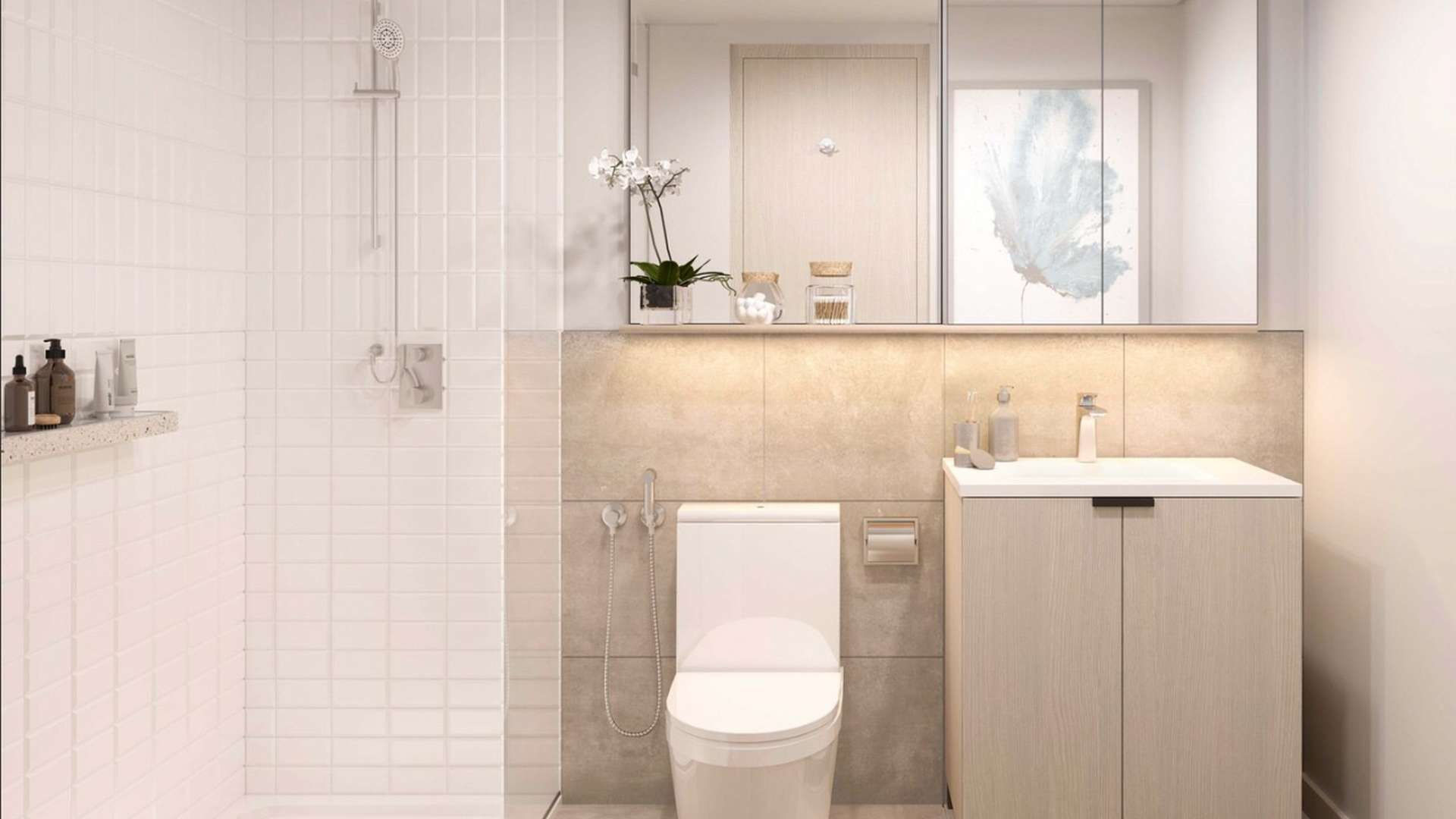 Modern bathroom in 1-bedroom apartment, Belgravia Heights I, Jumeirah Village Circle, for sale