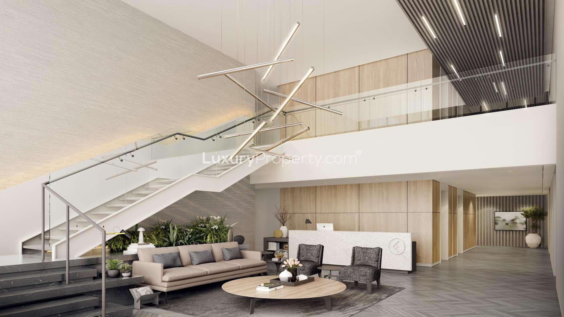 Contemporary bedroom in 1-bed apartment at Belgravia Square, JVC, Dubai for sale