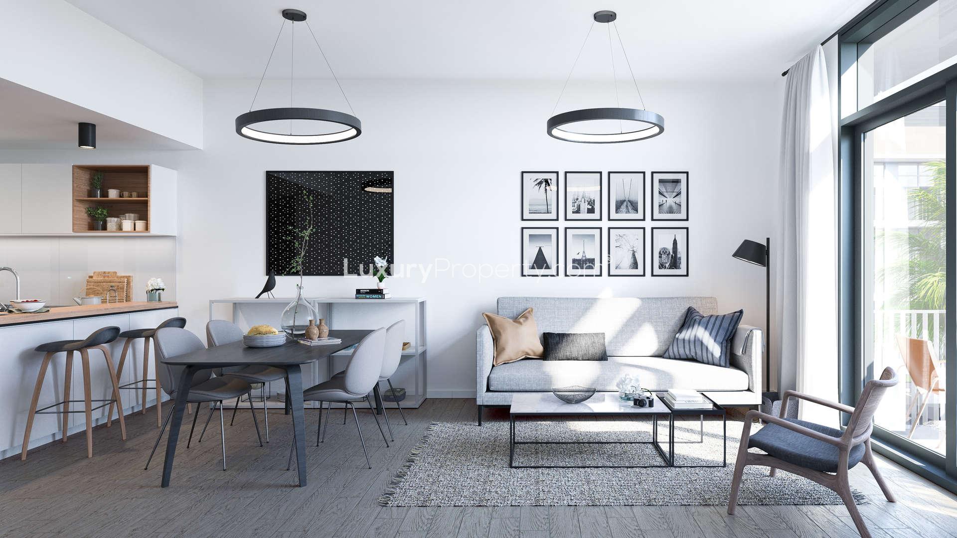 Contemporary kitchen in 1-bed apartment at Belgravia Square, JVC, Dubai, for sale