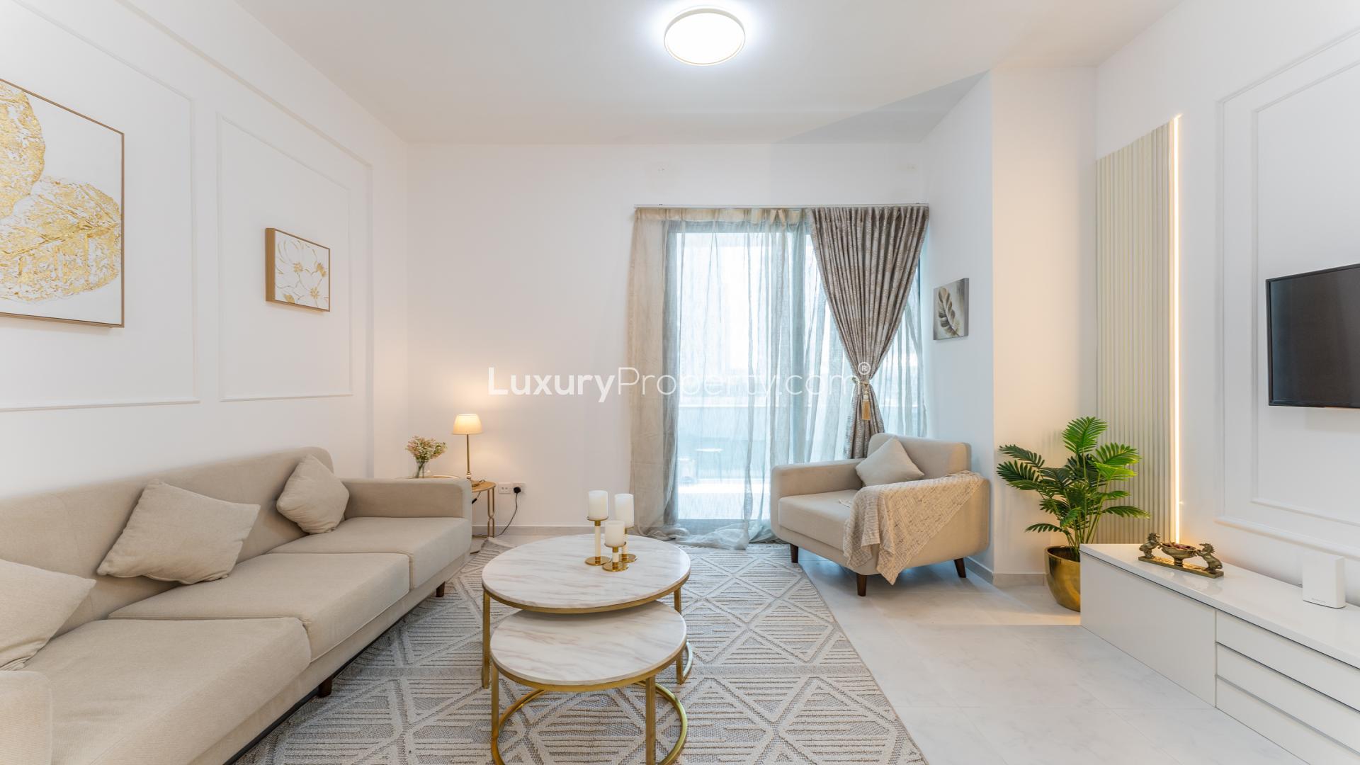 Newly upgraded living room in 1-bedroom apartment, Azure, Dubai Marina, modern interior design
