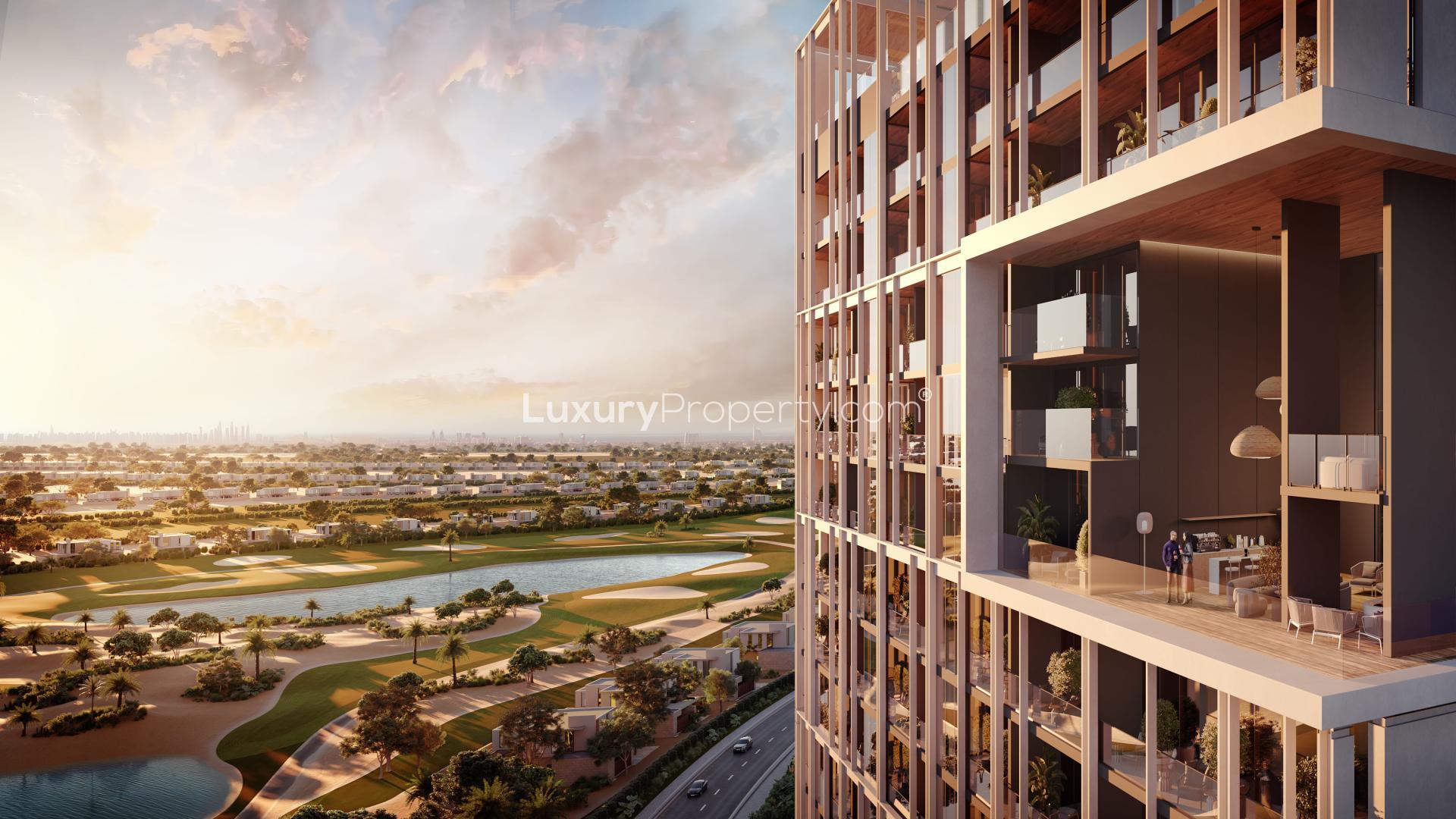 Luxurious bedroom with golf course view in Vista, Dubai Sports City apartment for sale