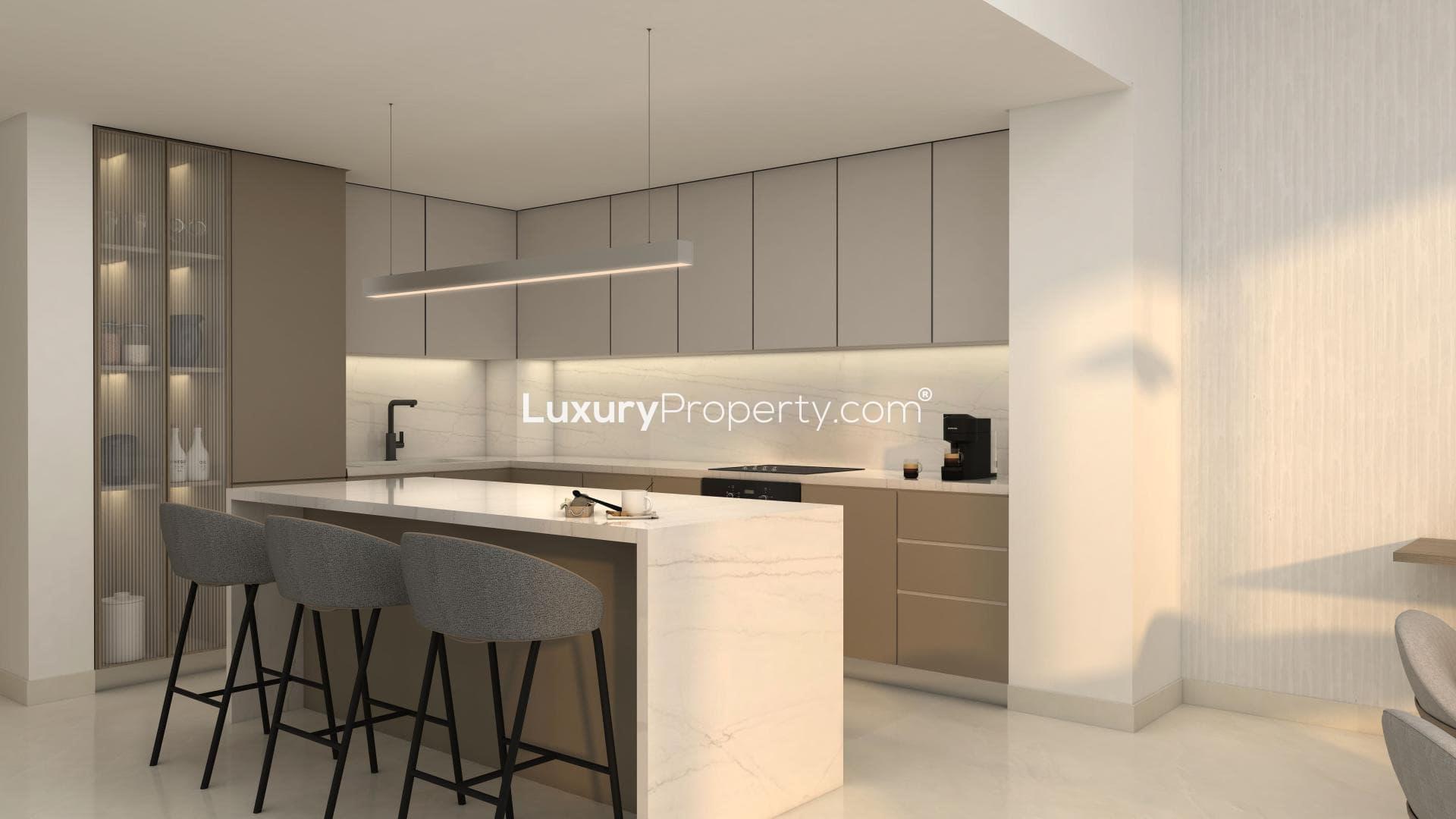 Modern living room in Vista by Prestige One, Dubai Sports City apartment for sale