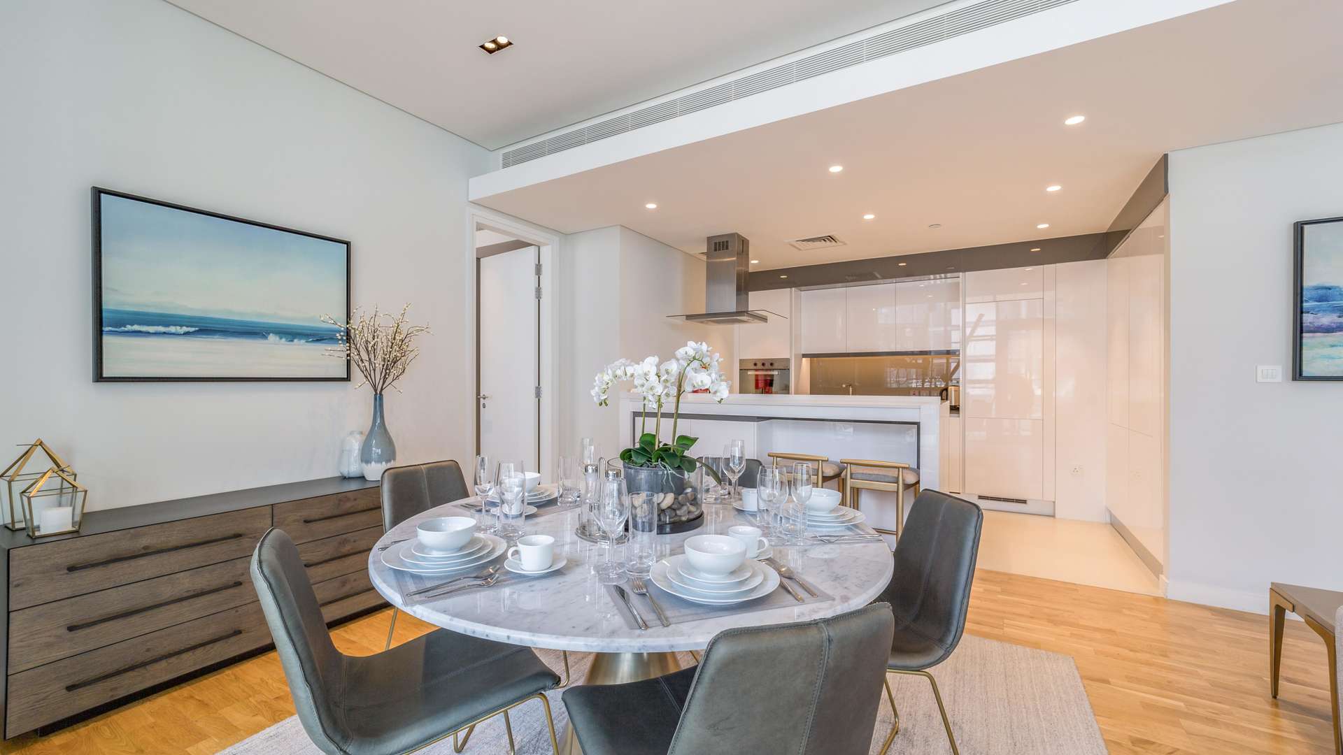Modern bathroom in luxury Bluewaters Residences apartment, featuring elegant fixtures and soft lighting