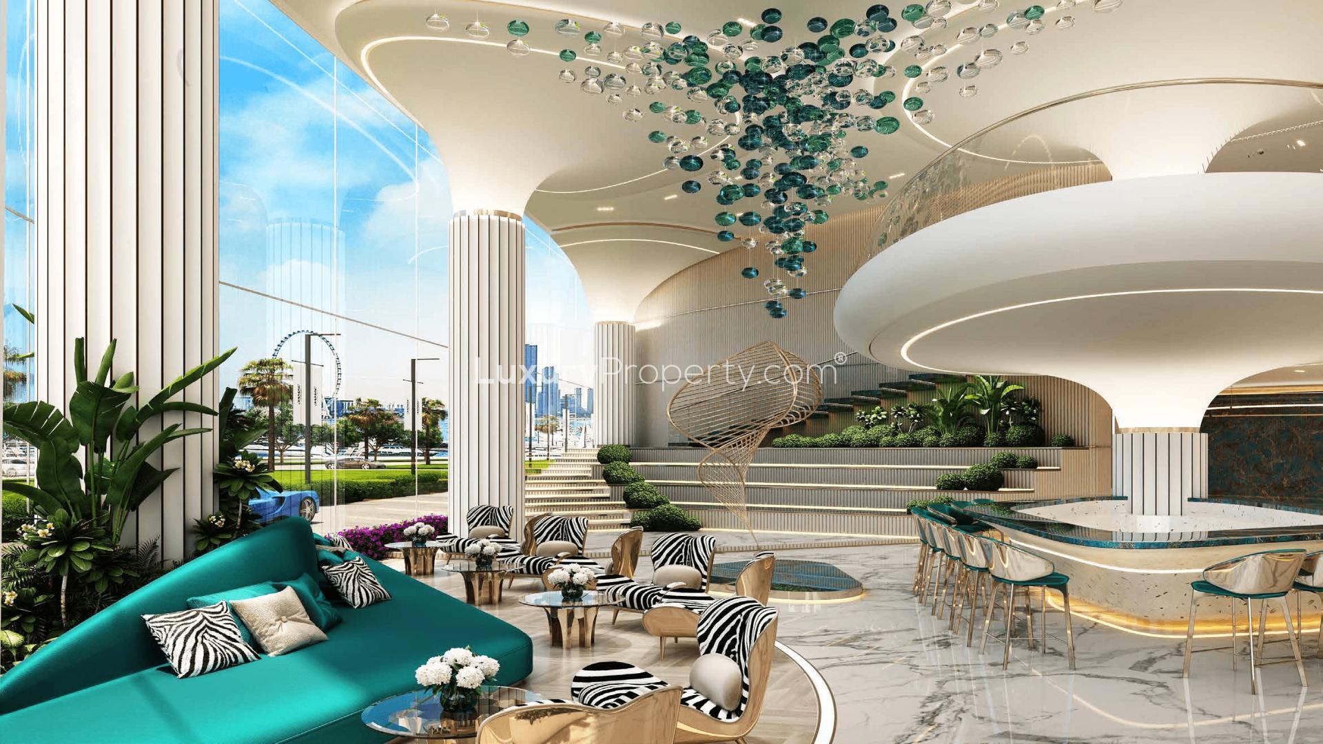 Luxurious rooftop pool with lounge areas in DAMAC Bay, Dubai Harbour apartment complex