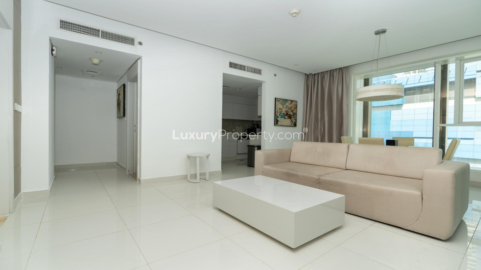 Stylish living room in furnished apartment for sale at Damac Maison The Vogue, Business Bay
