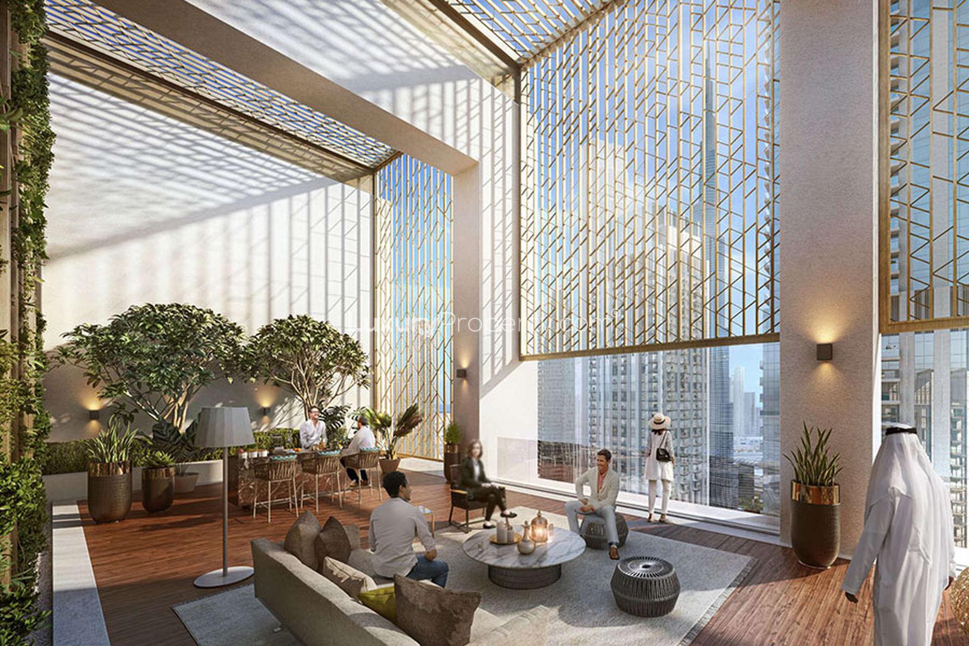 Stylish living area in Burj Crown apartment, Downtown Dubai, with modern decor and city views