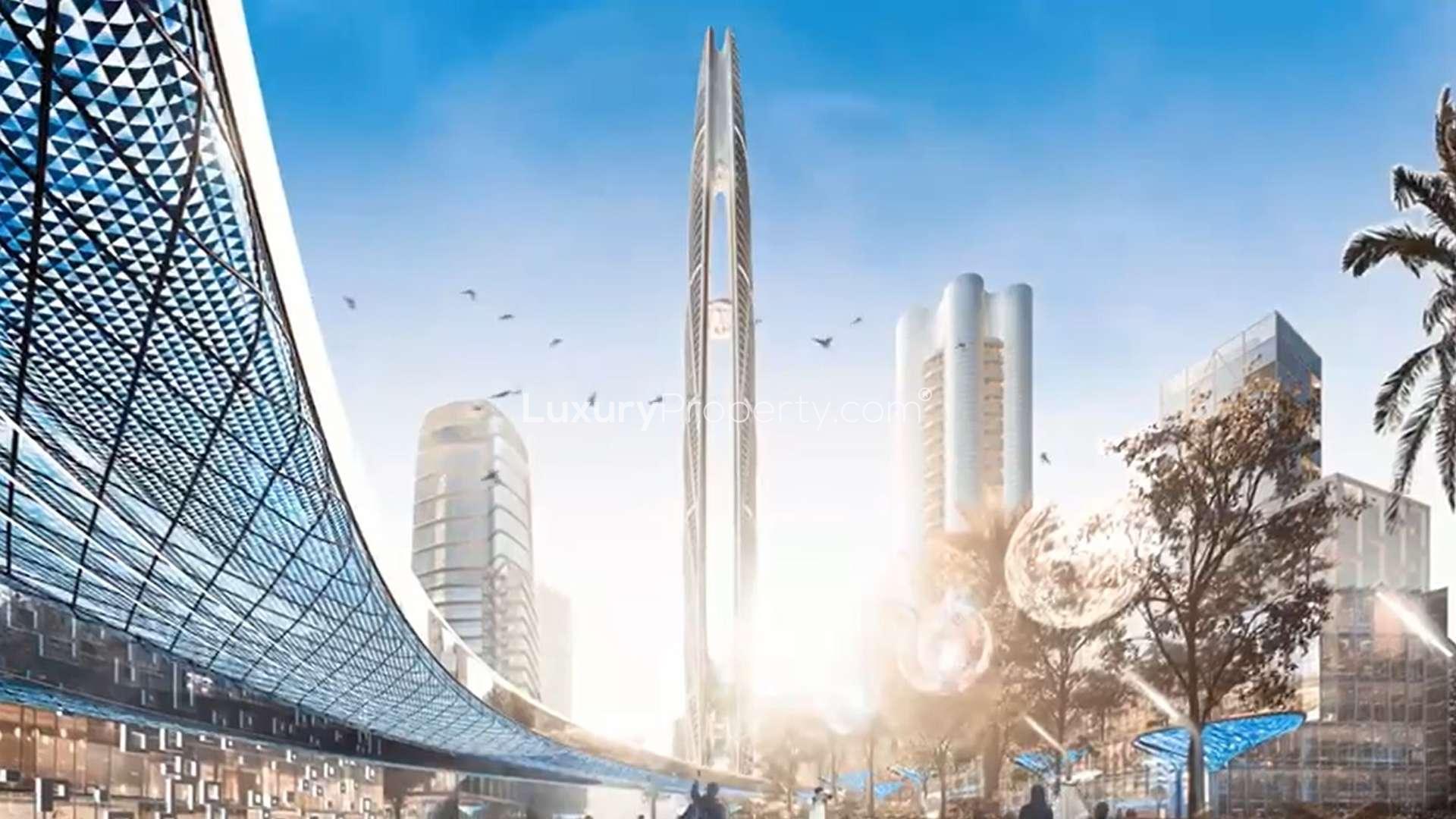 Alt text: "Burj Jumeira skyline view from spacious one-bedroom luxury apartment for sale in Jumeirah.",Futuristic skyline view of Burj Jumeira luxury apartment for sale in Jumeirah