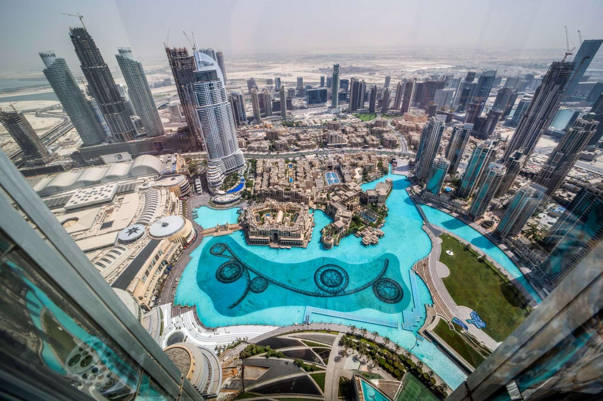 Empty living room with large windows in Downtown Dubai apartment, Burj Khalifa Area