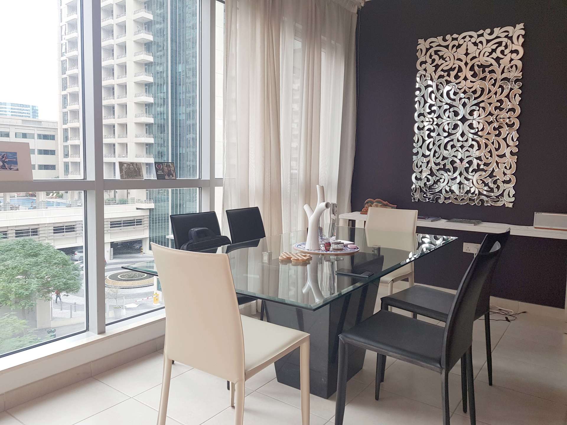 Luxury apartment view in Burj Residences, Downtown Dubai, with skyline and water feature