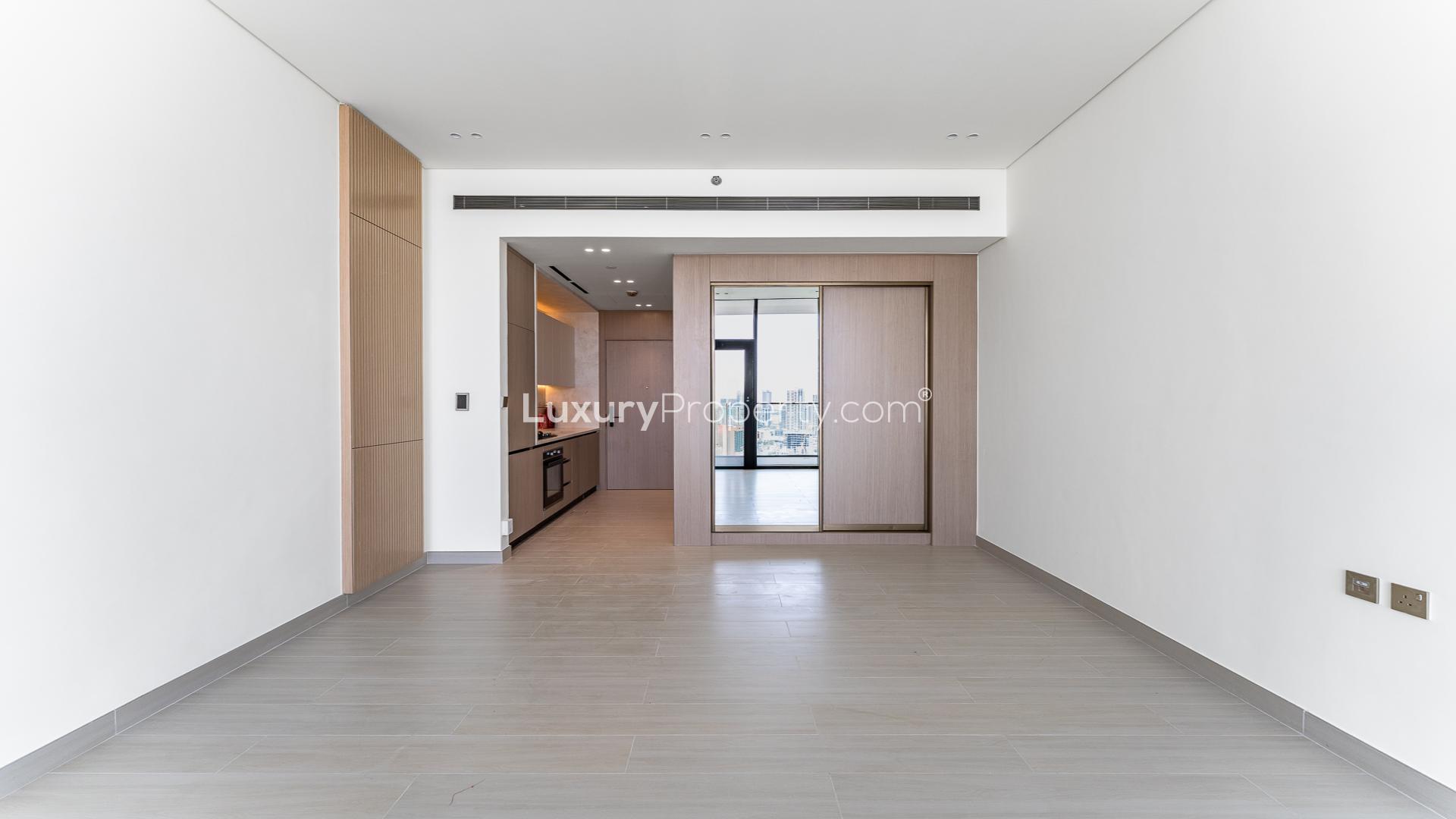 Modern apartment interior with city view in Binghatti Apex, Jumeirah Village Circle
