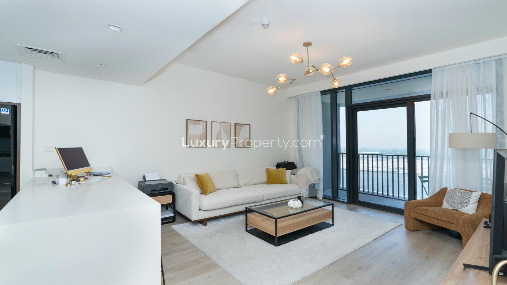 Luxury furnished apartment living room with water view in Creek Edge, Dubai Creek Harbour