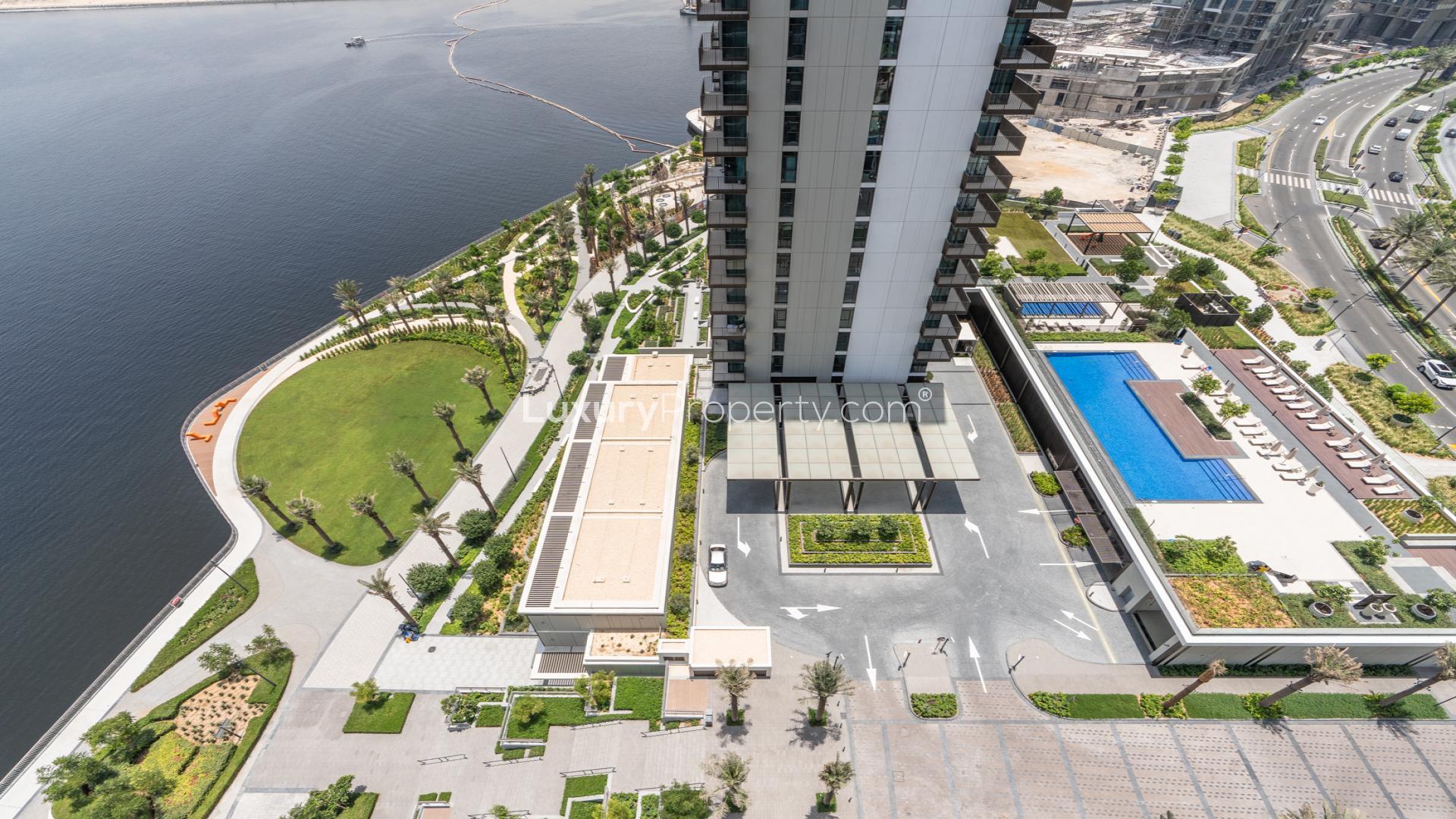 Luxury furnished apartment living room with water view in Dubai Creek Harbour