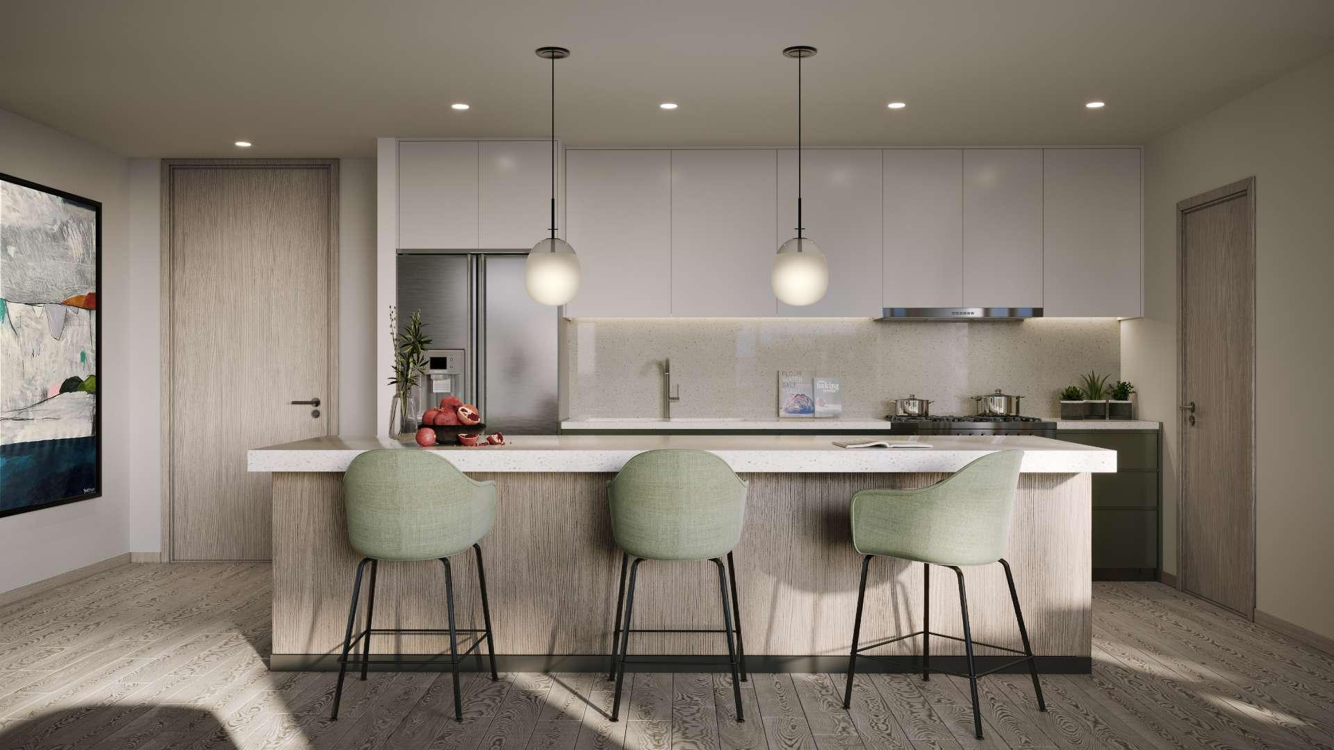 Modern living room in City Walk apartment with panoramic park views through large windows