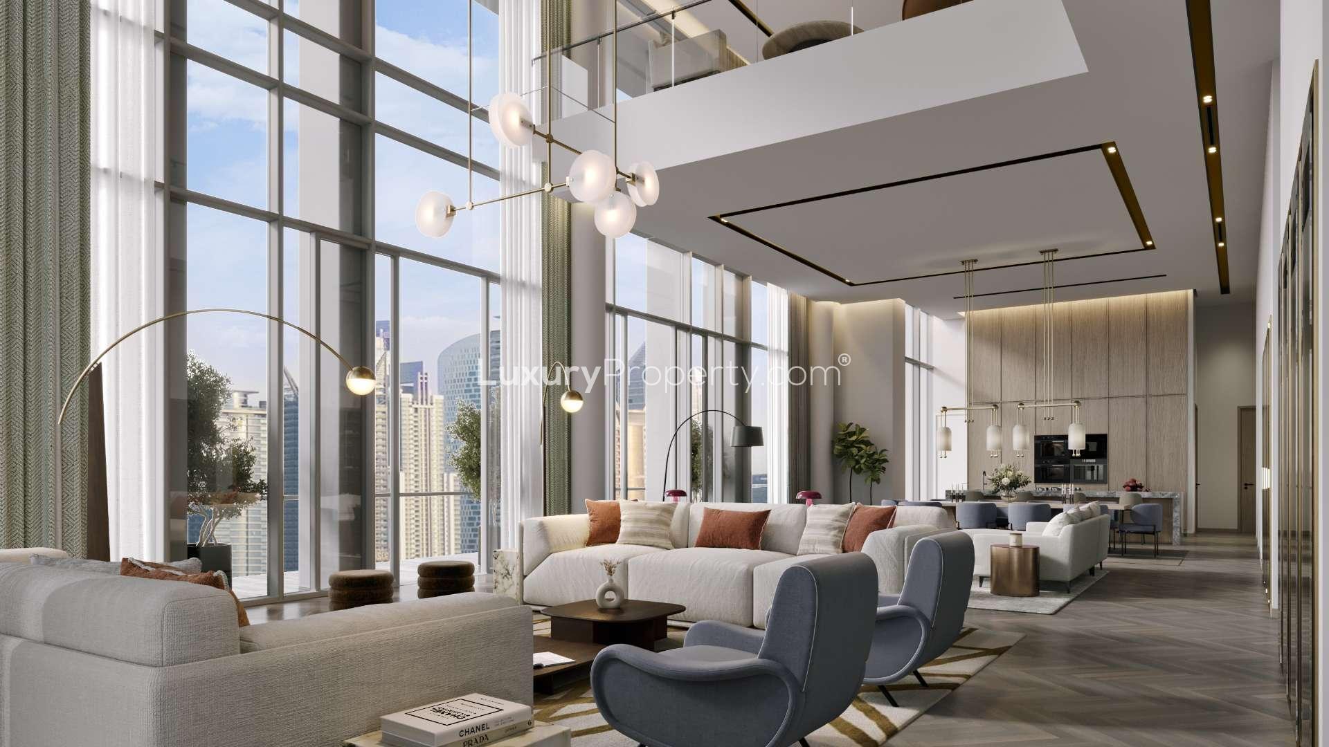 Luxurious living room in one-bed apartment at Fern, City Walk, modern design