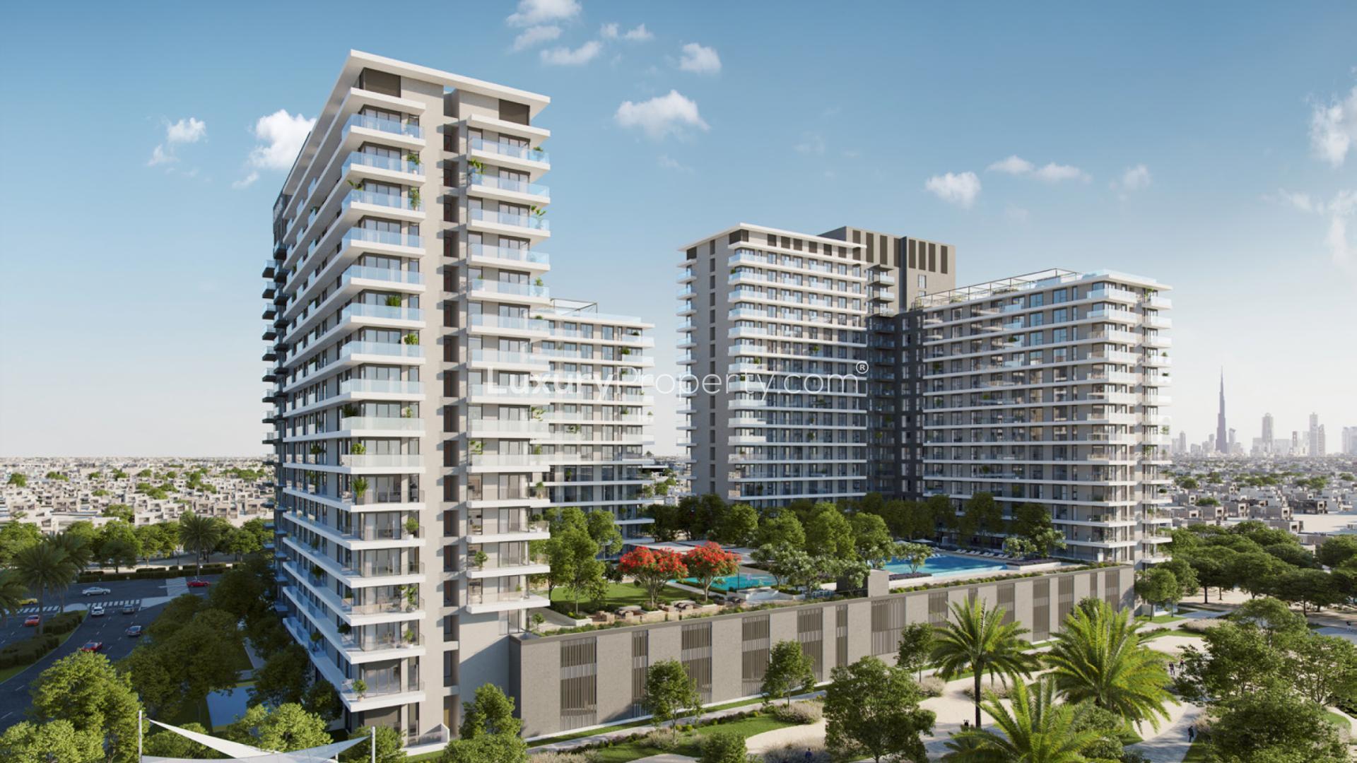 Modern kitchen and dining area in 1-bedroom apartment, Club Drive, Dubai Hills Estate