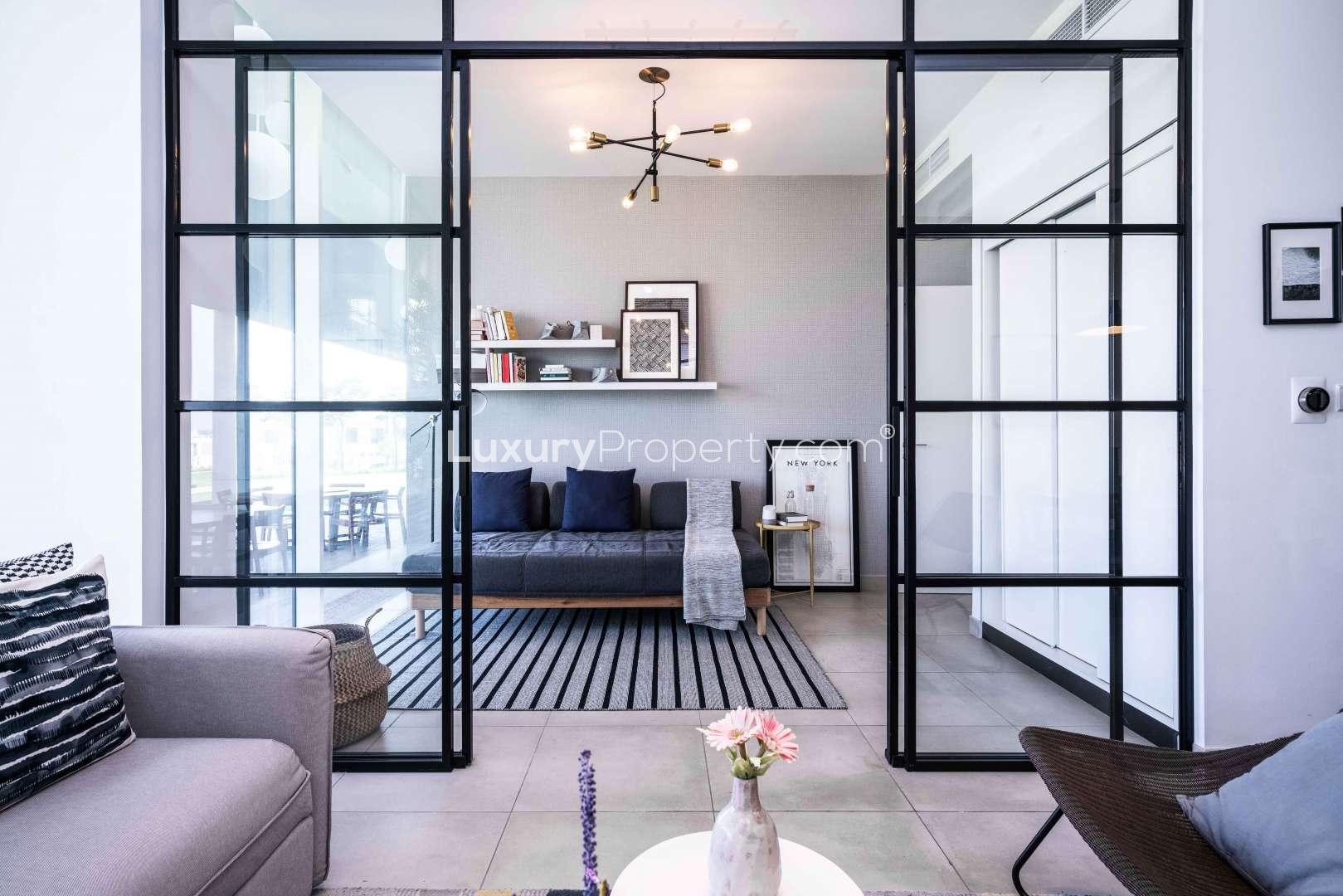 Contemporary kitchen in one-bed apartment at Collective 2.0, Dubai Hills Estate for sale