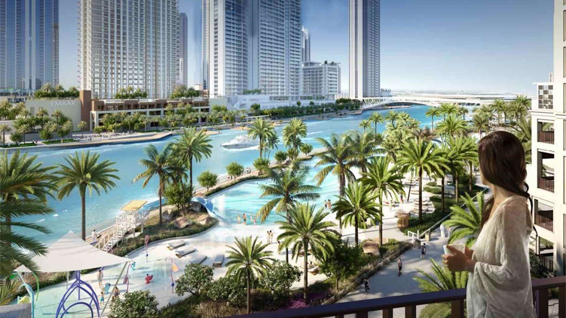 Modern kitchen and dining area in 1-bedroom apartment, Rosewater, Dubai Creek Harbour