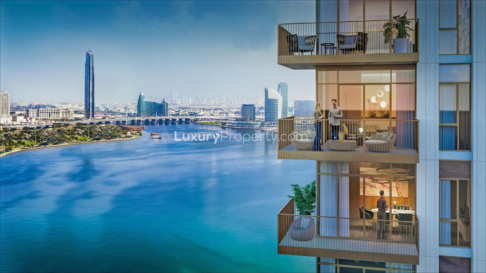 Luxurious living room in 1-bedroom apartment, Creek Crescent, Dubai Creek Harbour, with stunning views