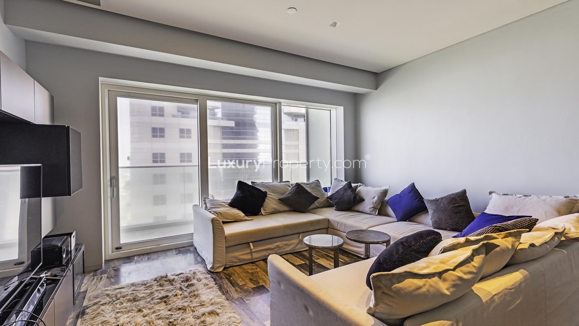 Luxurious living room in Damac Heights apartment, Dubai Marina, with elegant interiors