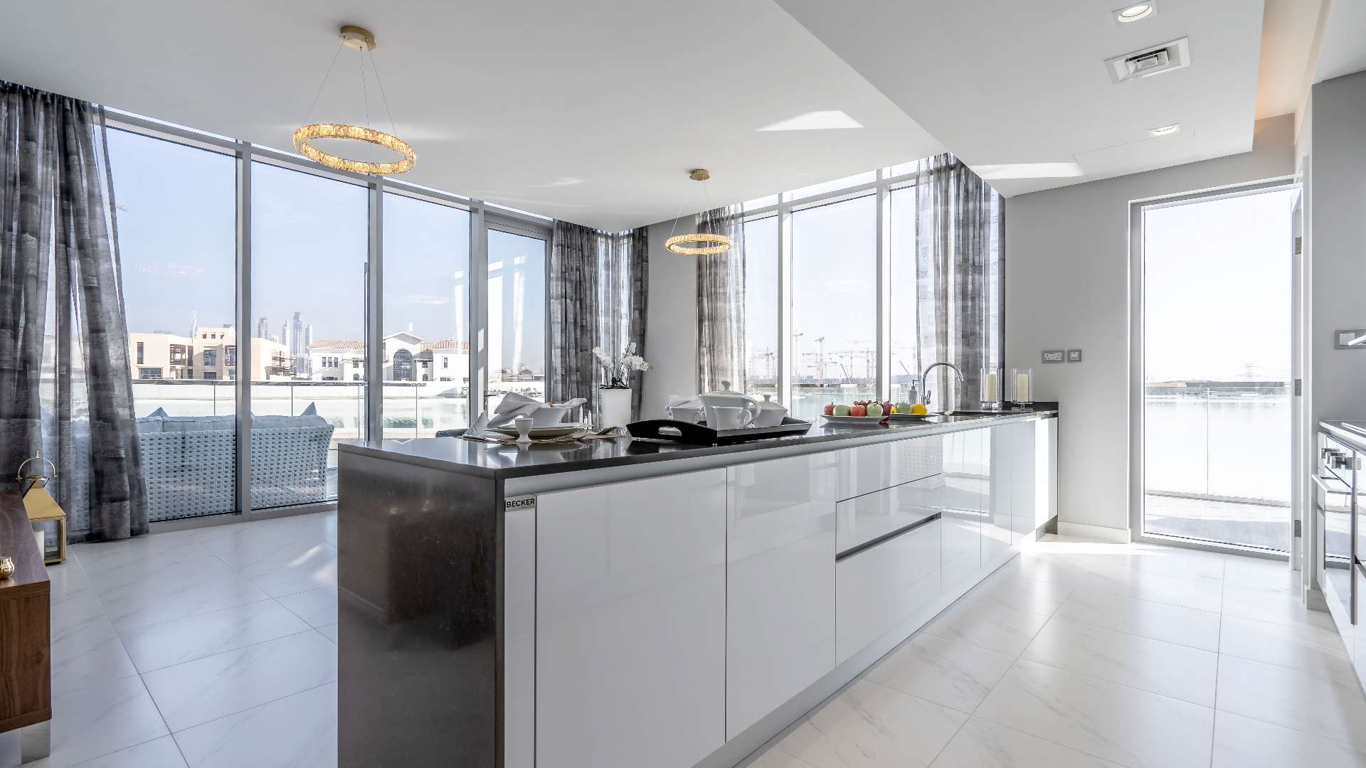 Luxury kitchen with lagoon view in District One, Mohammed Bin Rashid City apartment