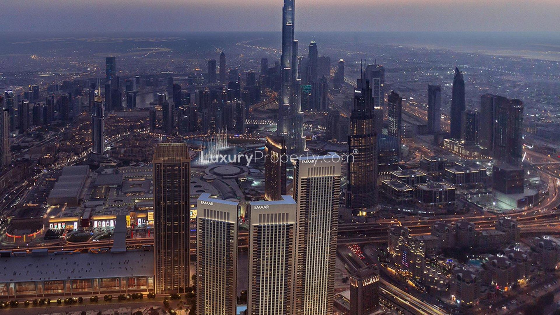 Skyline view of Downtown Dubai featuring Downtown Views II apartment buildings at dusk