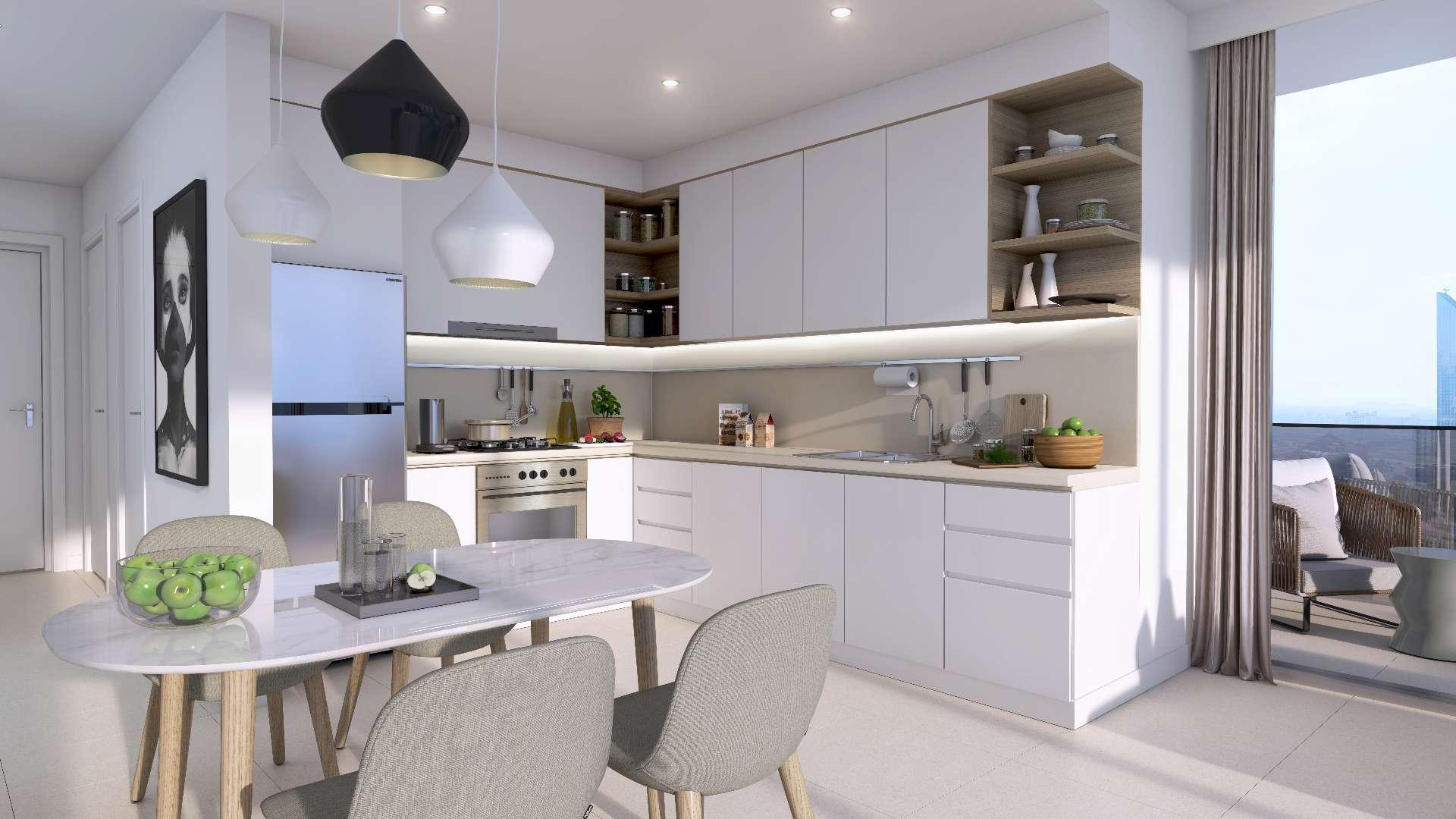 Alt text: "Downtown Views II apartment building exterior, Downtown Dubai, for sale, Ref LP12752.",Modern kitchen in Downtown Views II apartment, featuring sleek design and natural light