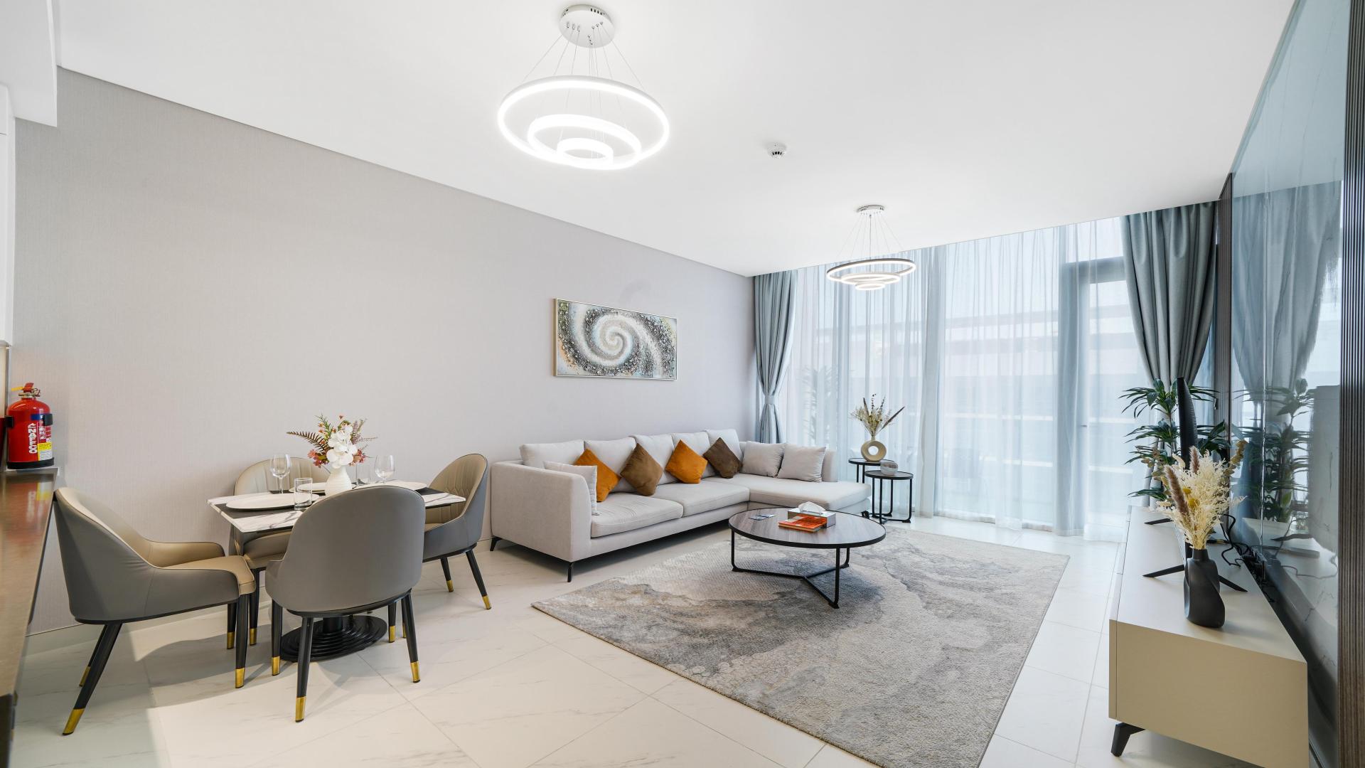 Fully furnished modern living room in 1-bedroom apartment, District One, Mohammed Bin Rashid City