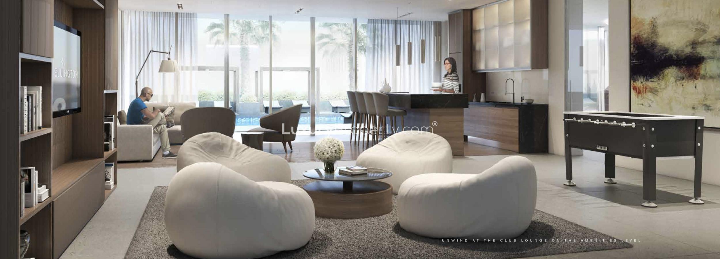 Luxurious DT1 Tower lounge with modern decor and pool view in Downtown Dubai apartment