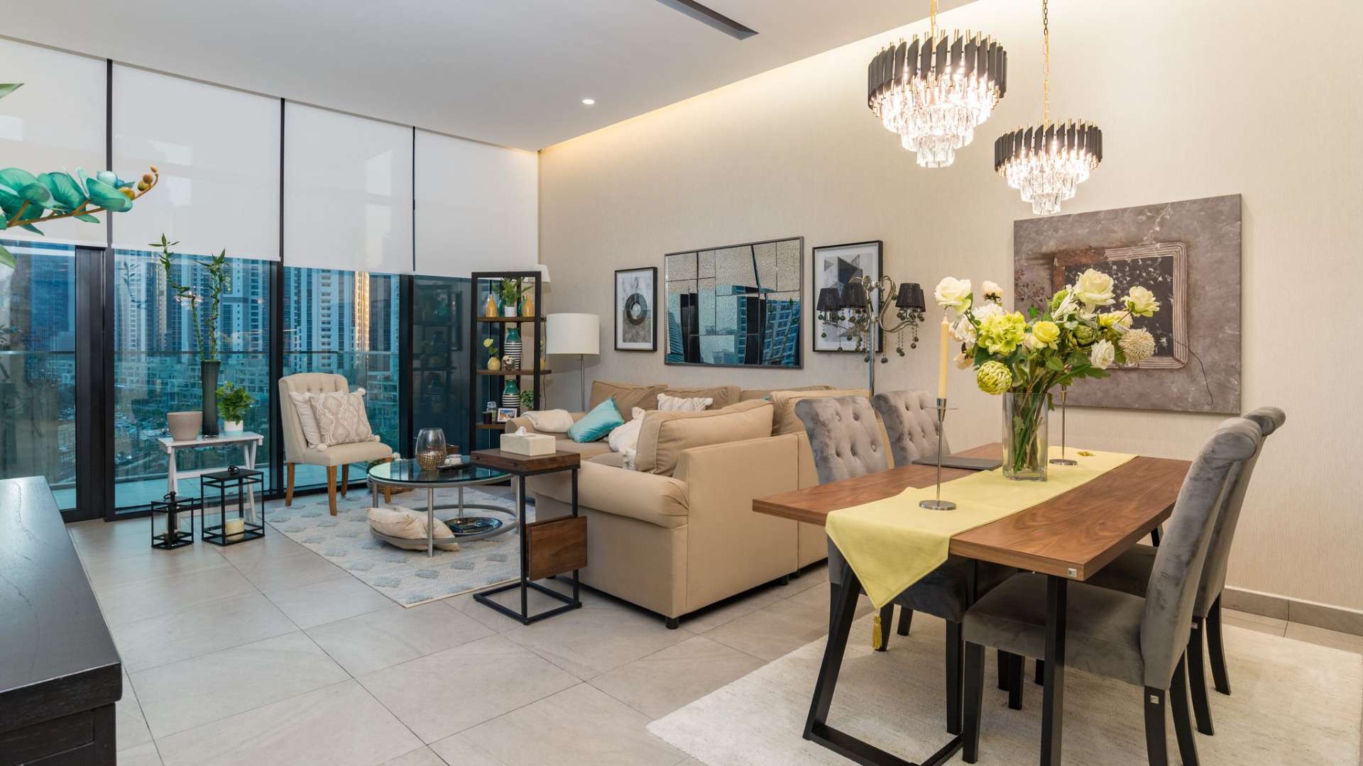 Modern kitchen in DT1 Tower apartment, wood cabinets, sleek countertops, Downtown Dubai