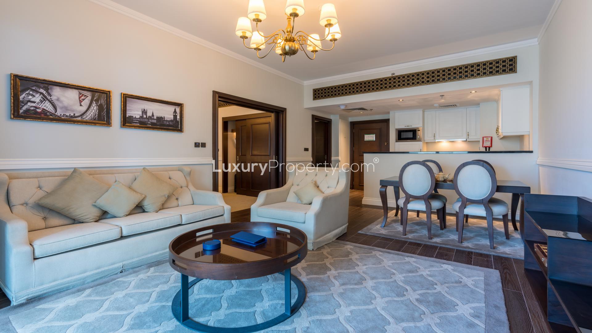 Luxurious furnished kitchen and living area in 1-bedroom apartment