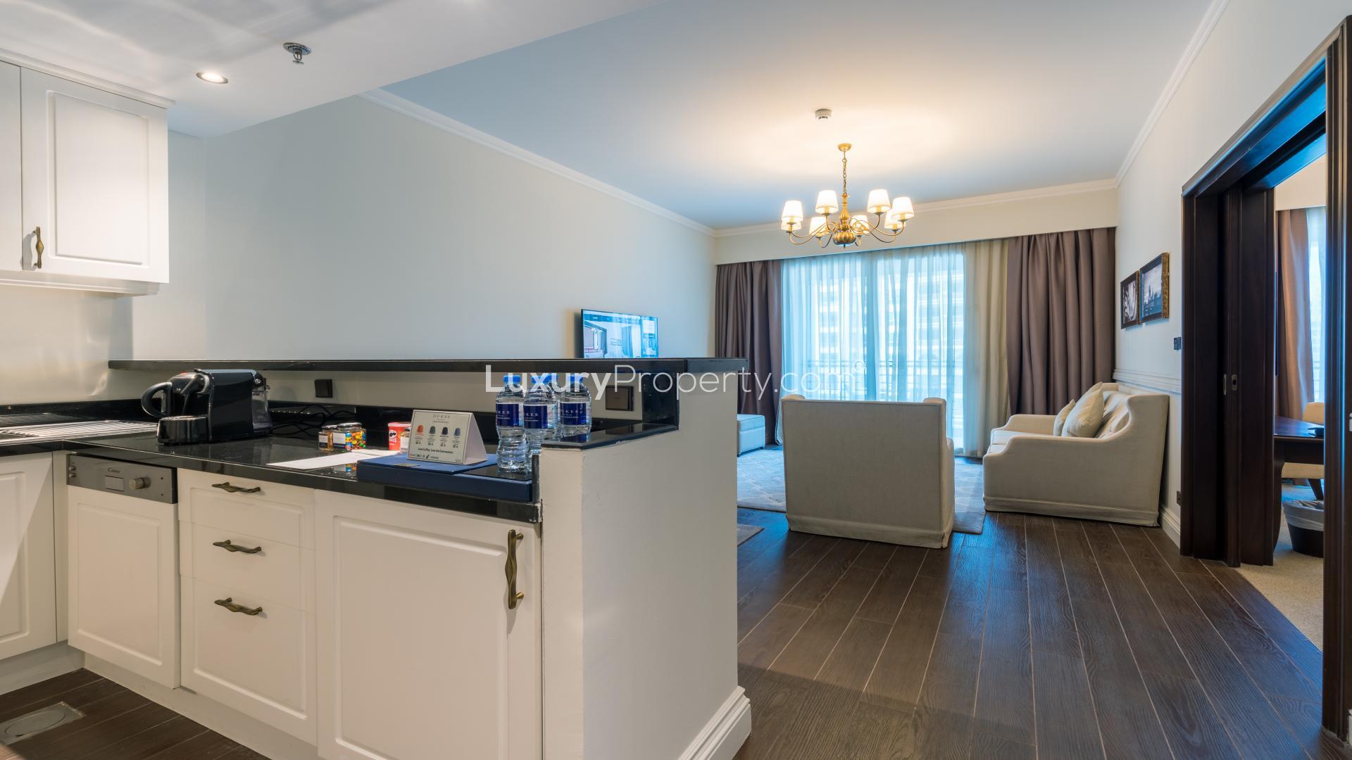 Luxurious furnished kitchen and living area in 1-bedroom apartment, Oceana Dukes, Palm Jumeirah
