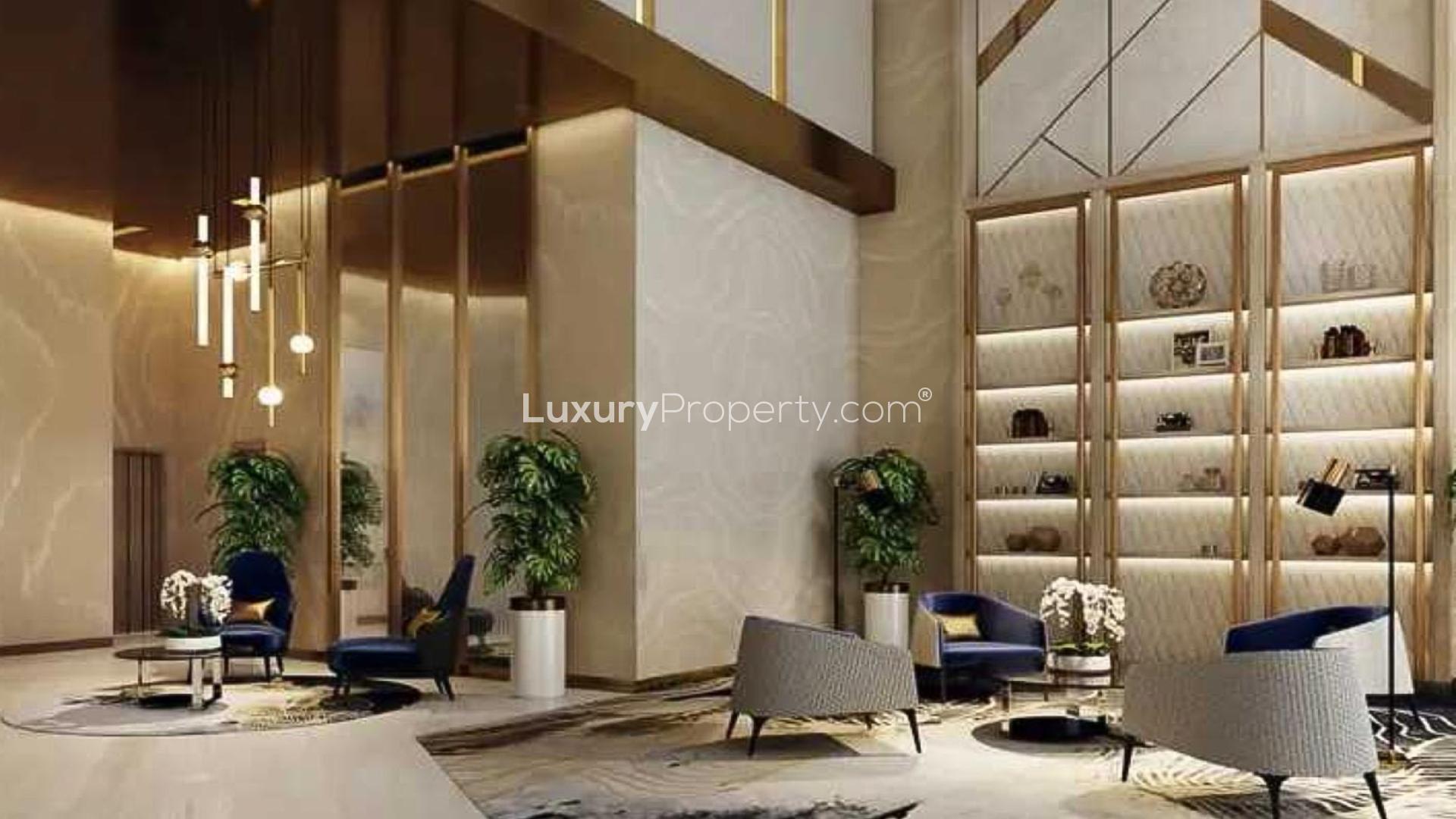 Luxurious Damac Lagoons apartment with stunning pool and lagoon views at sunset, for sale