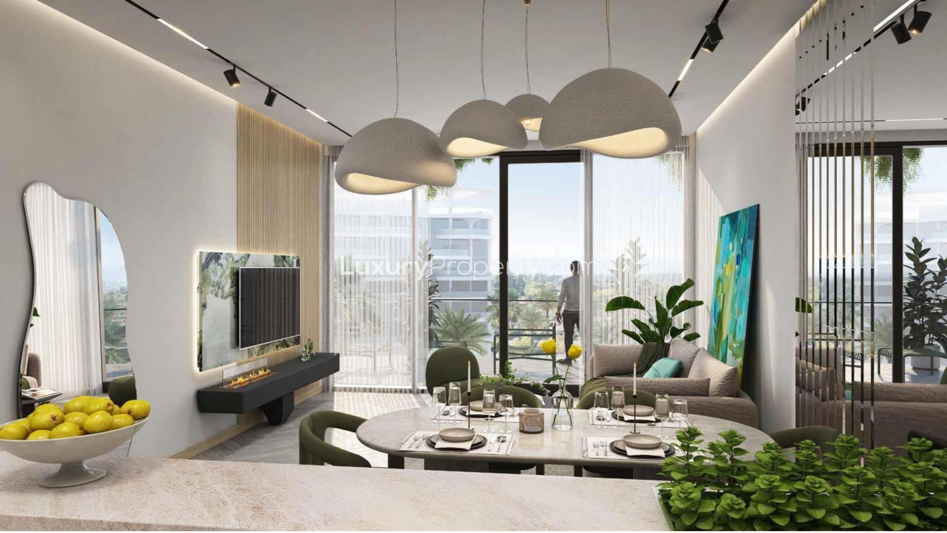 Modern bedroom interior in Damac Lagoons apartment, featuring elegant decor and stylish furnishings