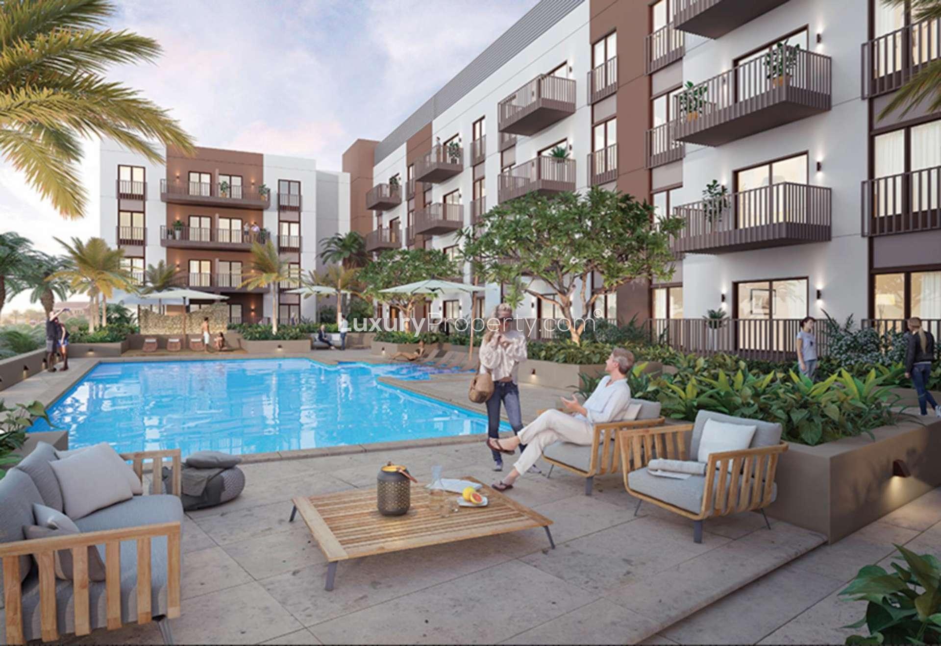 Contemporary apartment building exterior at Eaton Place, Jumeirah Village Circle for sale