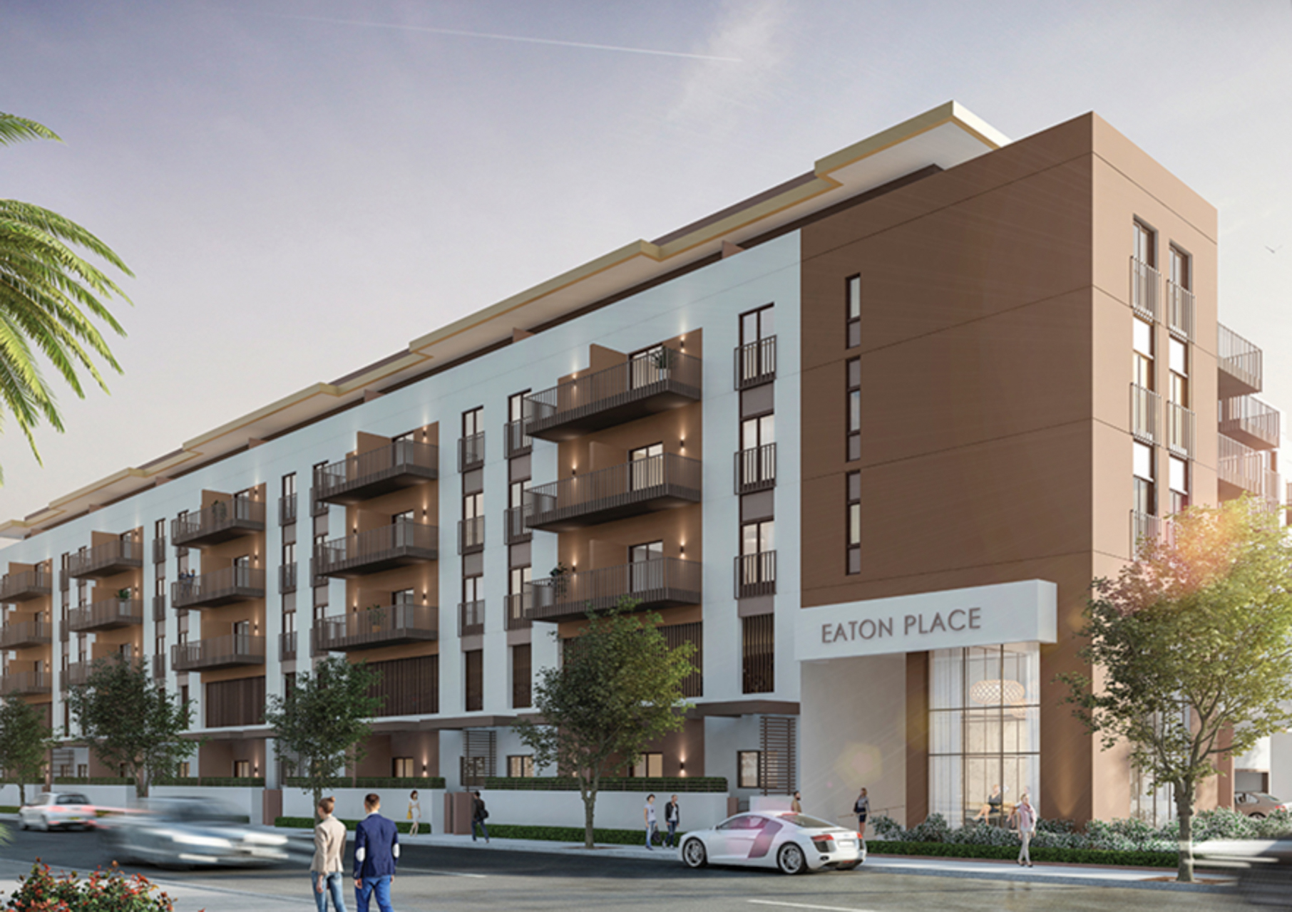 Modern living room and kitchen in Eaton Place apartment, Jumeirah Village Circle