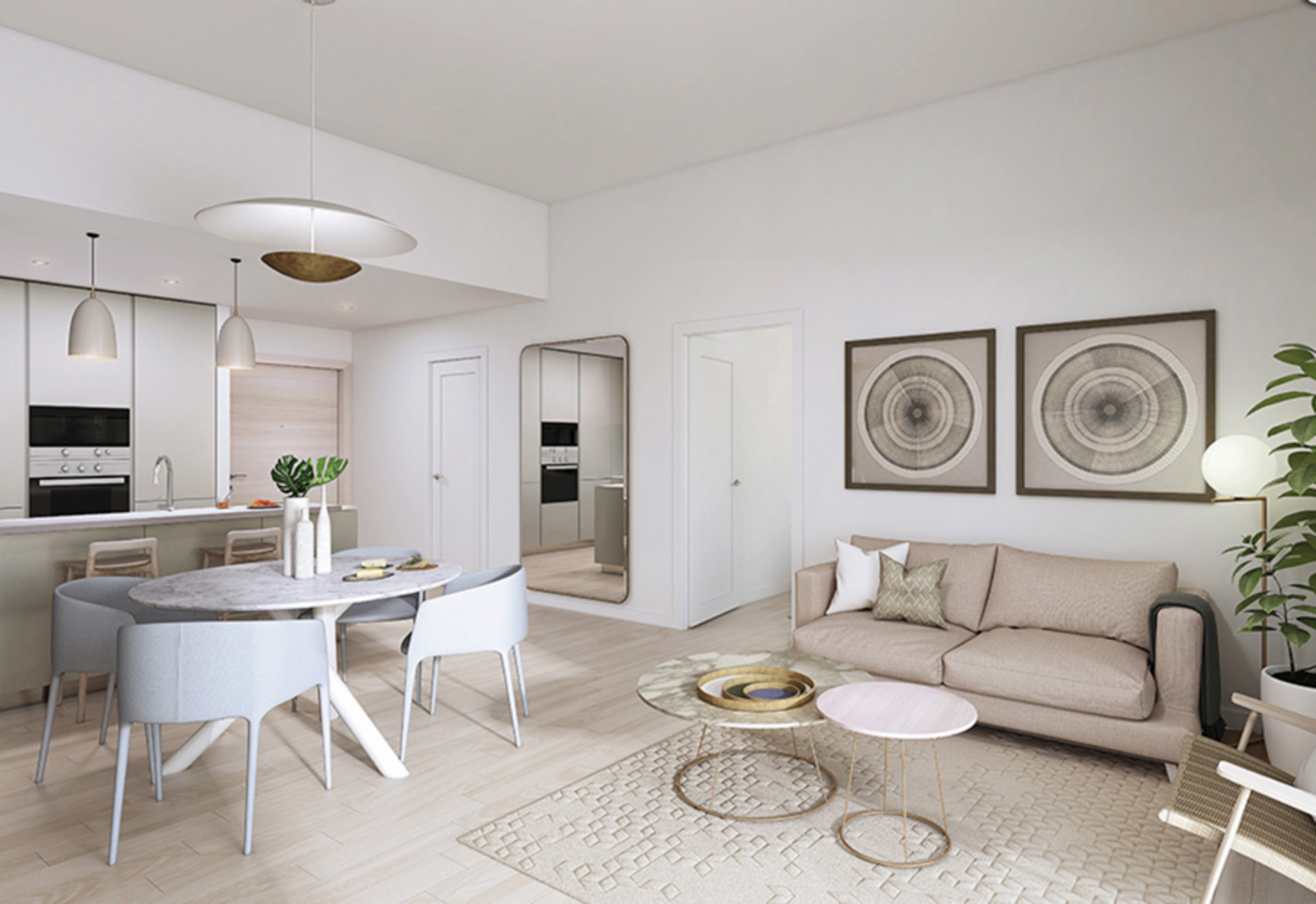 "Bright bedroom in Eaton Place apartment, Jumeirah Village Circle, with modern decor and balcony view.",Modern living room and kitchen in 1-bedroom apartment, Eaton Place, Jumeirah Village Circle