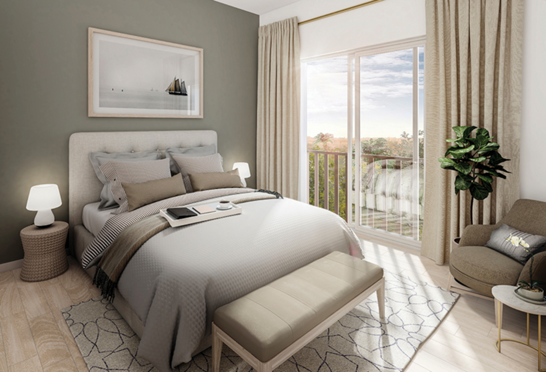 Modern living room in Eaton Place apartment, Jumeirah Village Circle, with large windows and seating